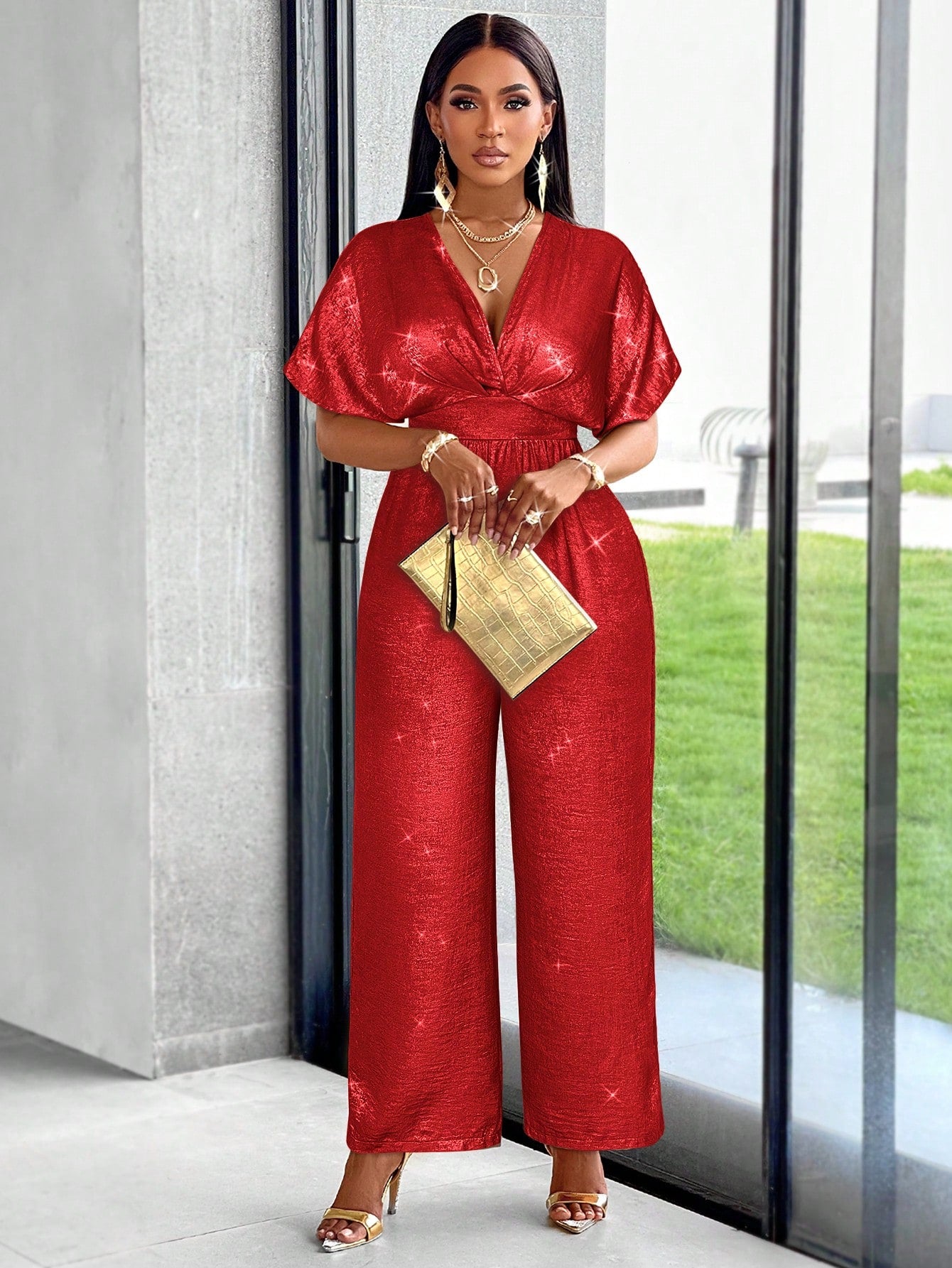 Slayr Allover Glossy Glitter Fabric, Elegant And Casual For Commuting, Batwing Sleeved Belted Jumpsuit