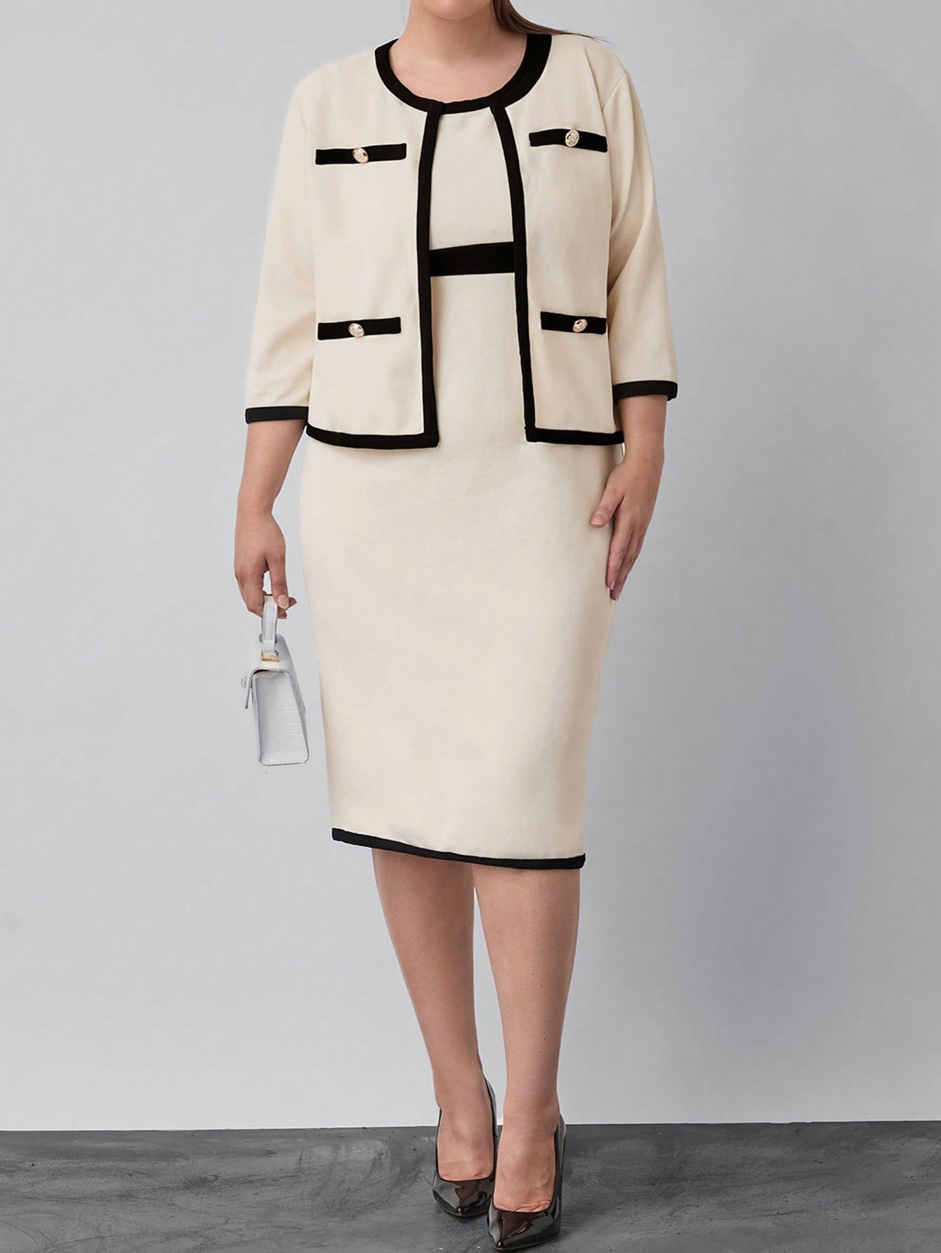 Clasi Apricot Crew Neck Casual Office Jacket, Sleeveless Bodycon Dress, Casual Office Teacher Plus Size 2pcs Set