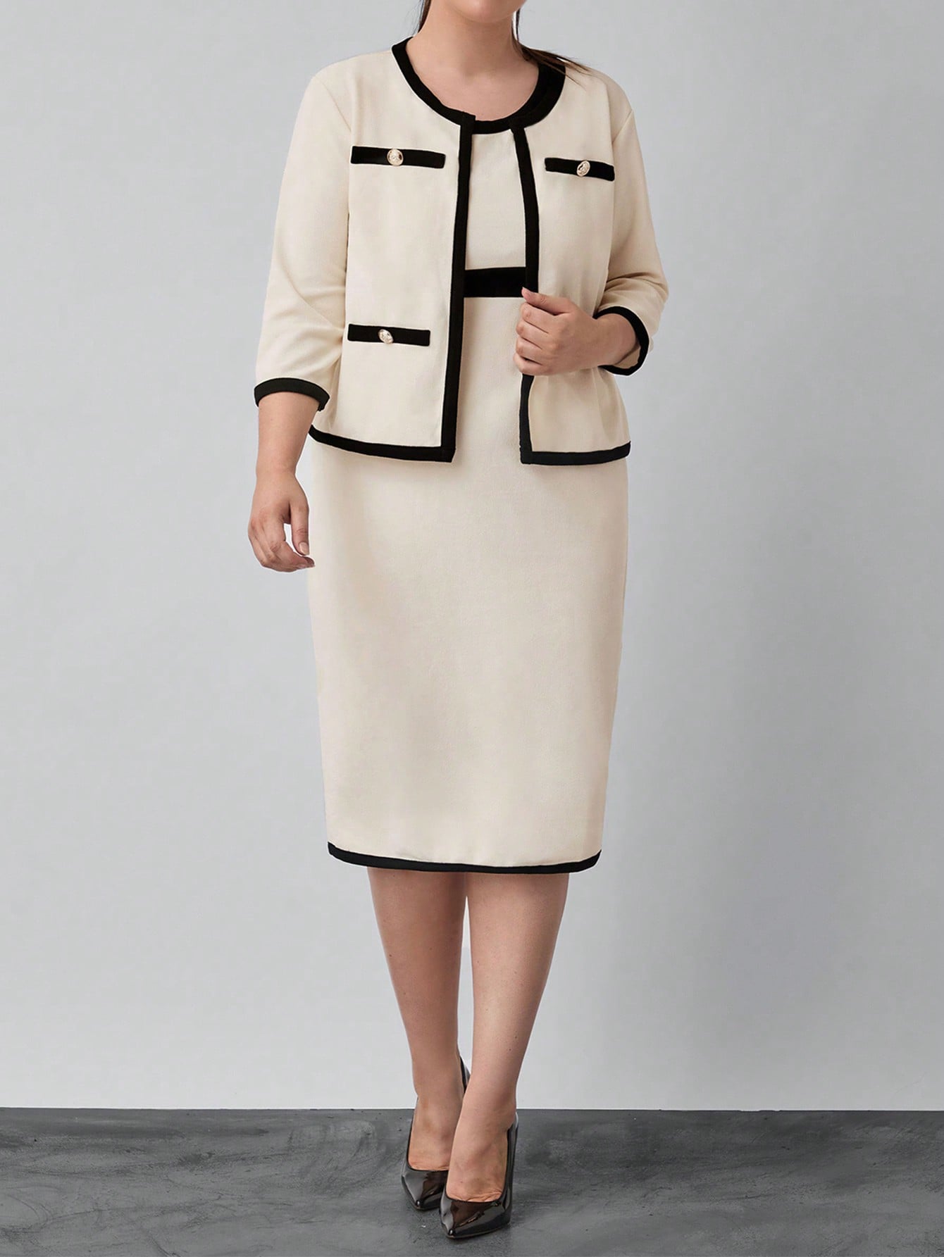 Clasi Apricot Crew Neck Casual Office Jacket, Sleeveless Bodycon Dress, Casual Office Teacher Plus Size 2pcs Set