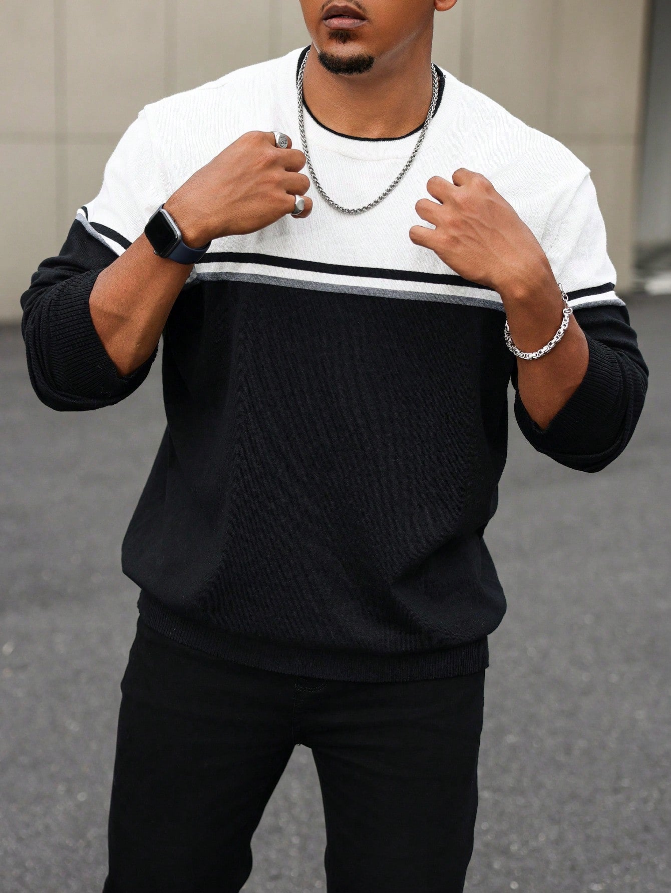 Manfinity CityGents Plus Size Men's Contrast Color Round Neck Casual Pullover Sweater