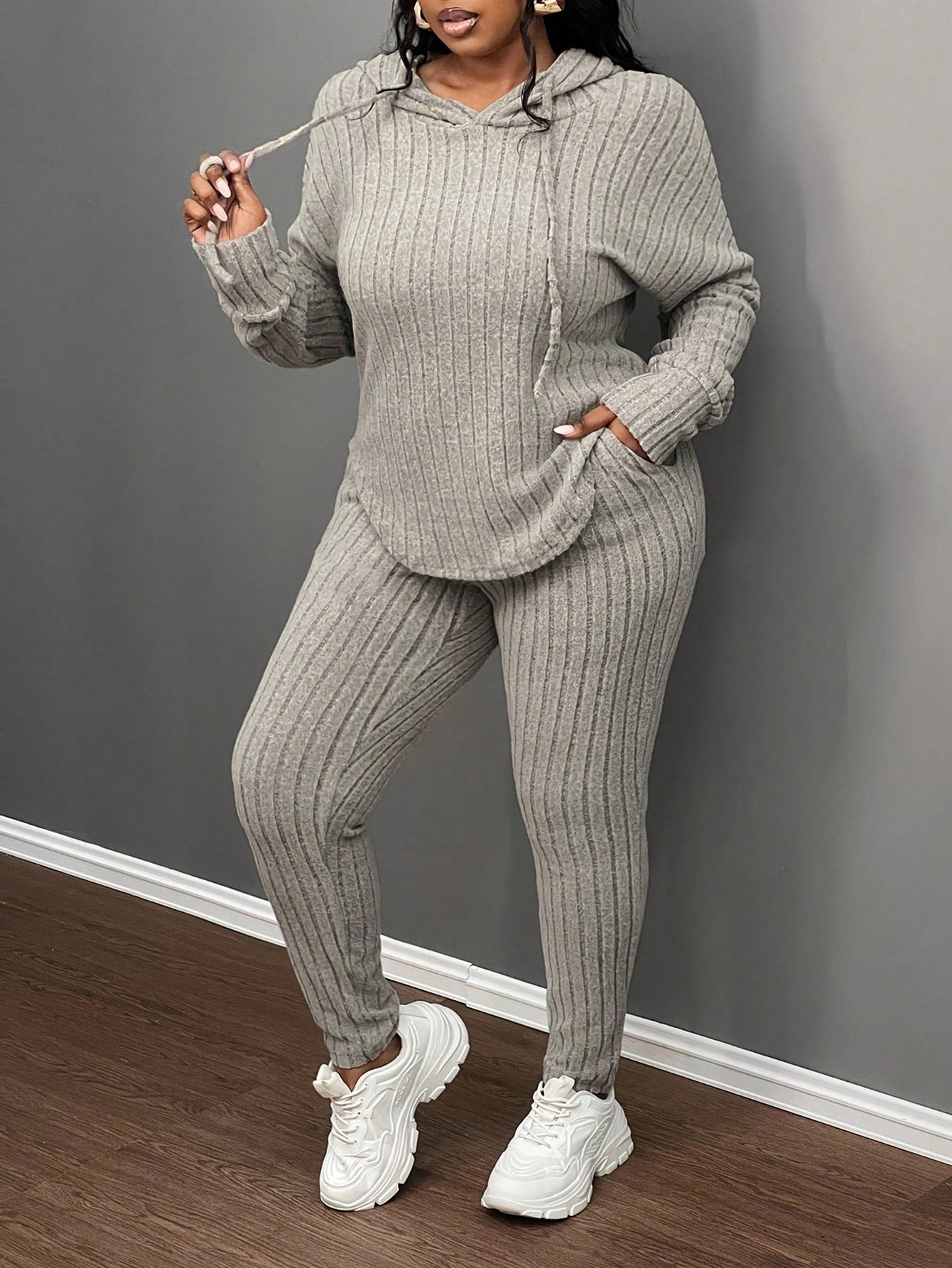 Plus Size Casual Olive Green Ribbed Knit Hoodie & Slim Fit Pants 2Pcs Set, Autumn/Winter
