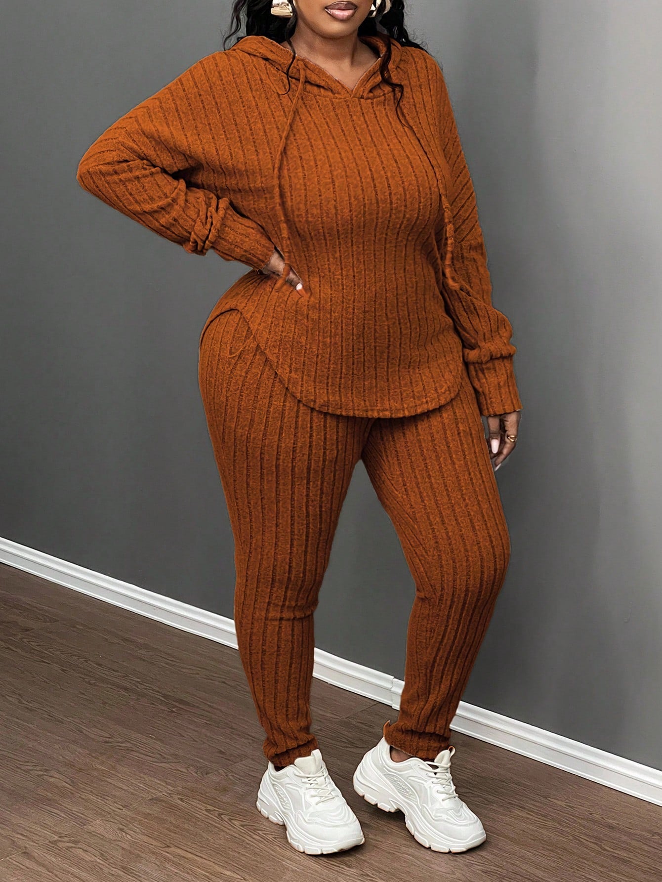 Plus Size Casual Olive Green Ribbed Knit Hoodie & Slim Fit Pants 2Pcs Set, Autumn/Winter