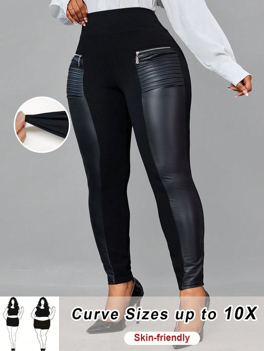 CURVE  Plus Size Zip Detail Wideband Waist PU Leather Leggings