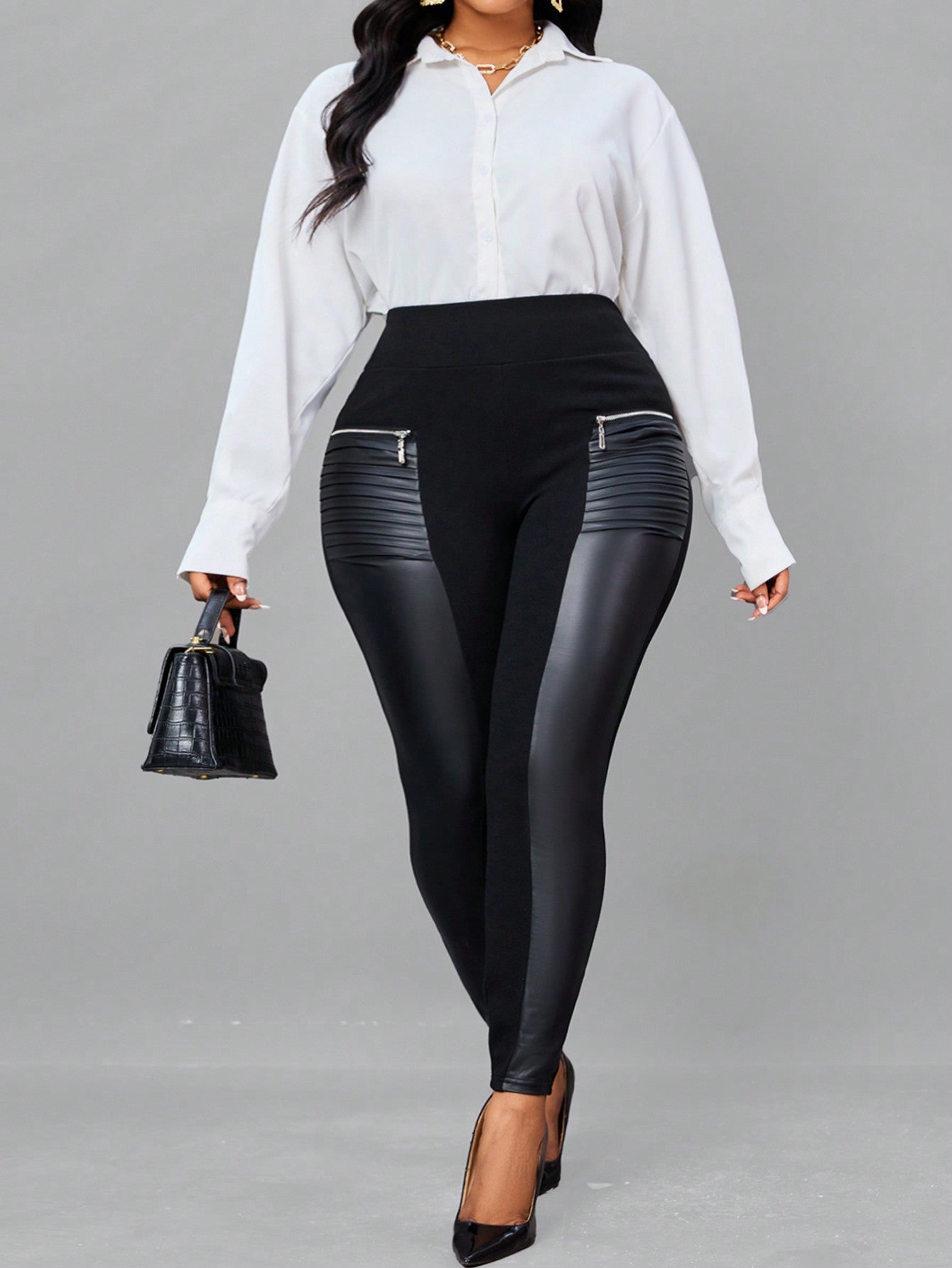 CURVE  Plus Size Zip Detail Wideband Waist PU Leather Leggings