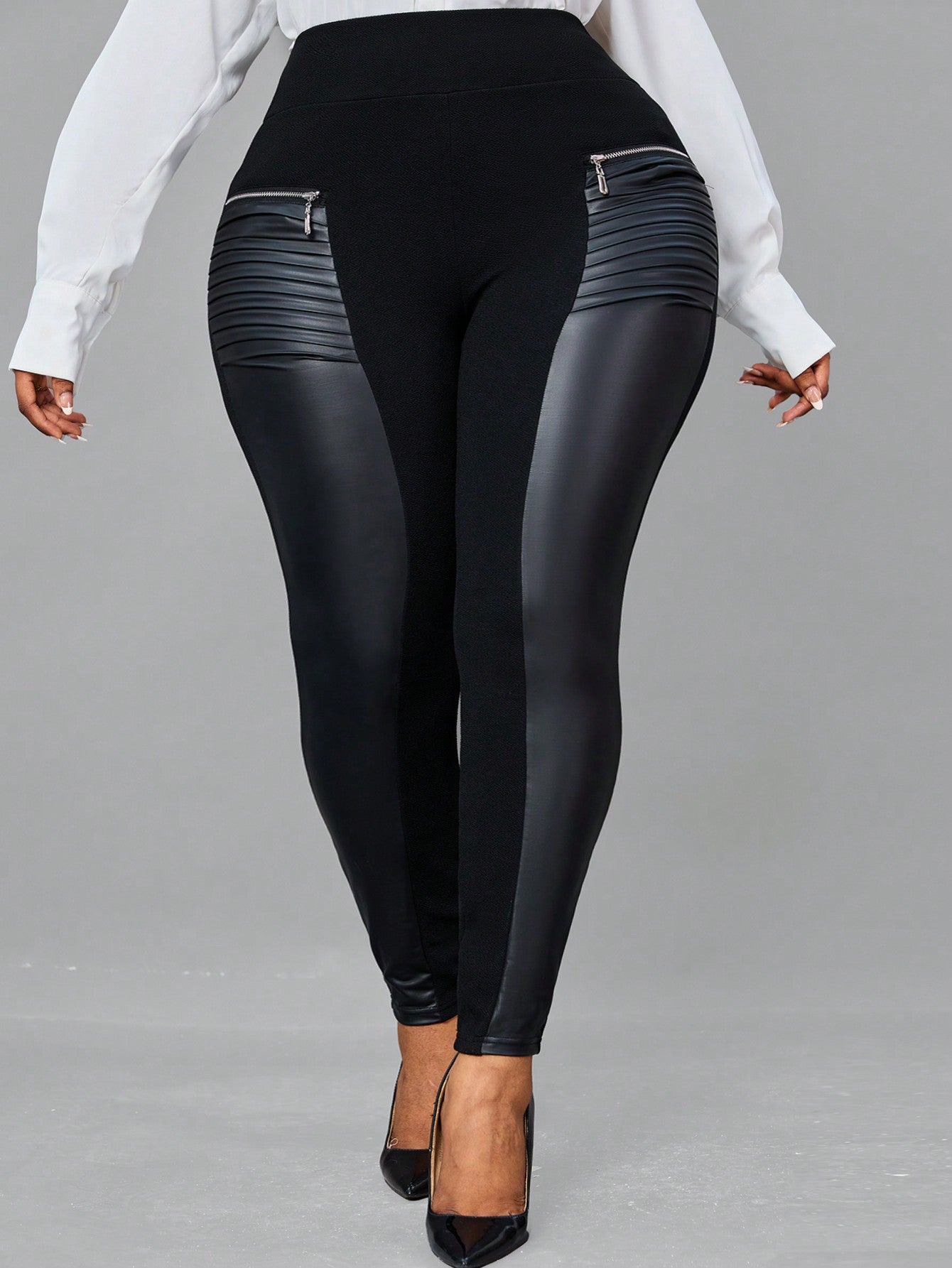 CURVE  Plus Size Zip Detail Wideband Waist PU Leather Leggings