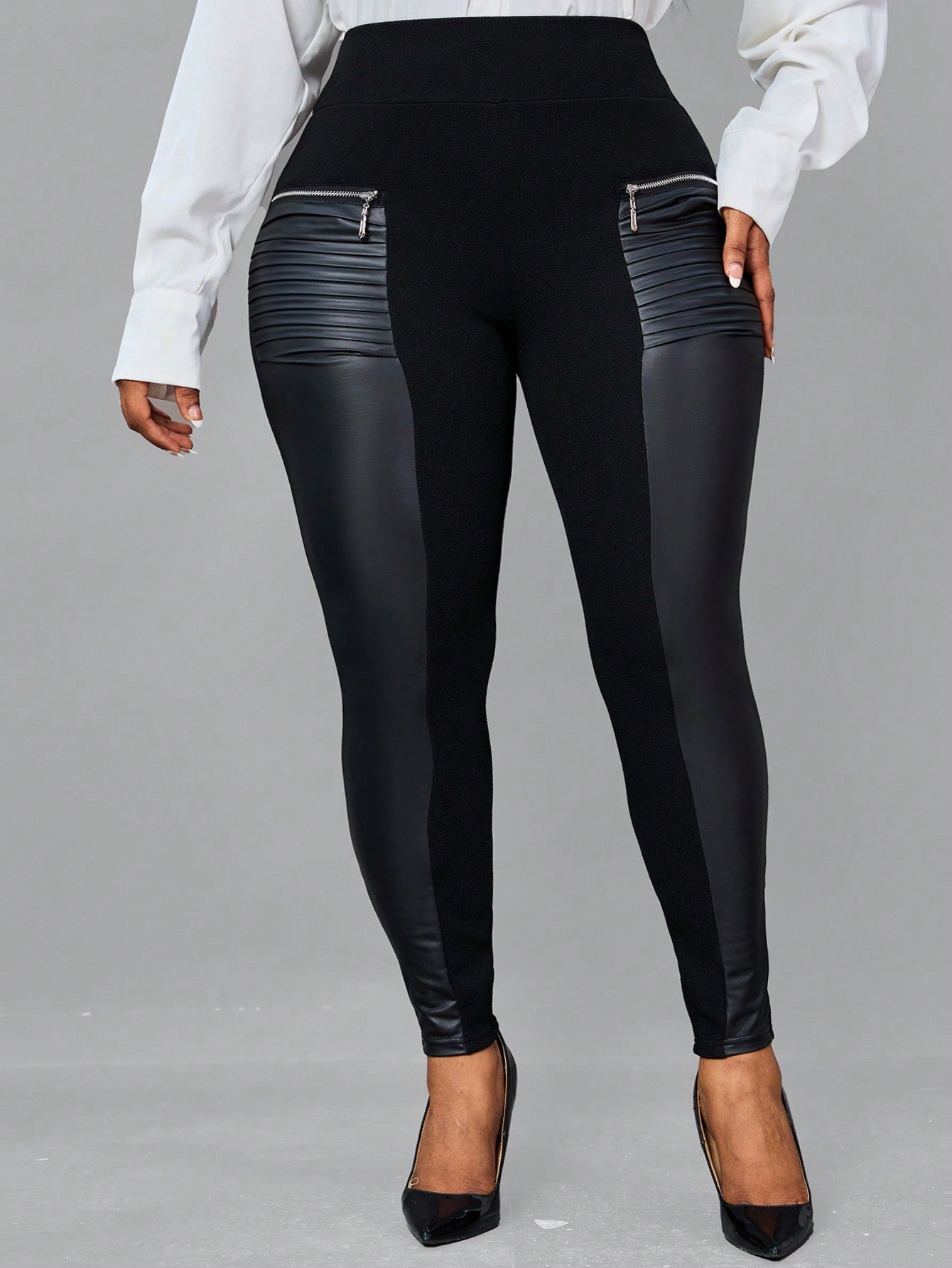 CURVE  Plus Size Zip Detail Wideband Waist PU Leather Leggings