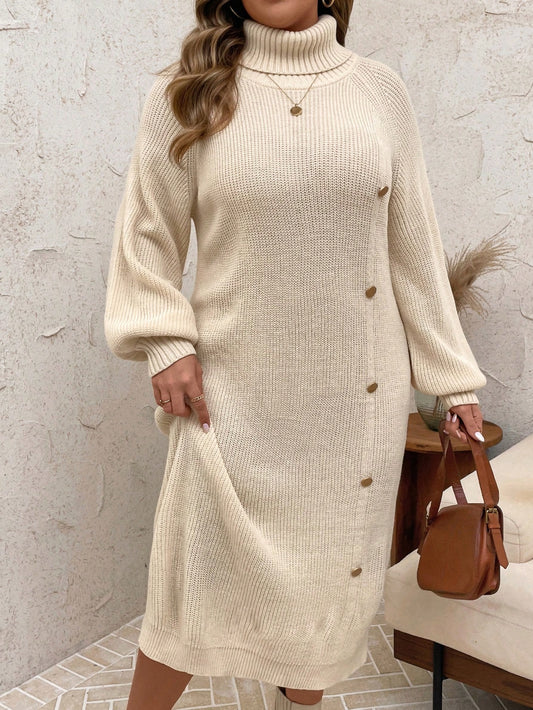 EMERY ROSE Plus Size Women Apricot White Casual Button Raglan Sleeve Loose Long Knitted Maxi Sweater Dress, For Winter