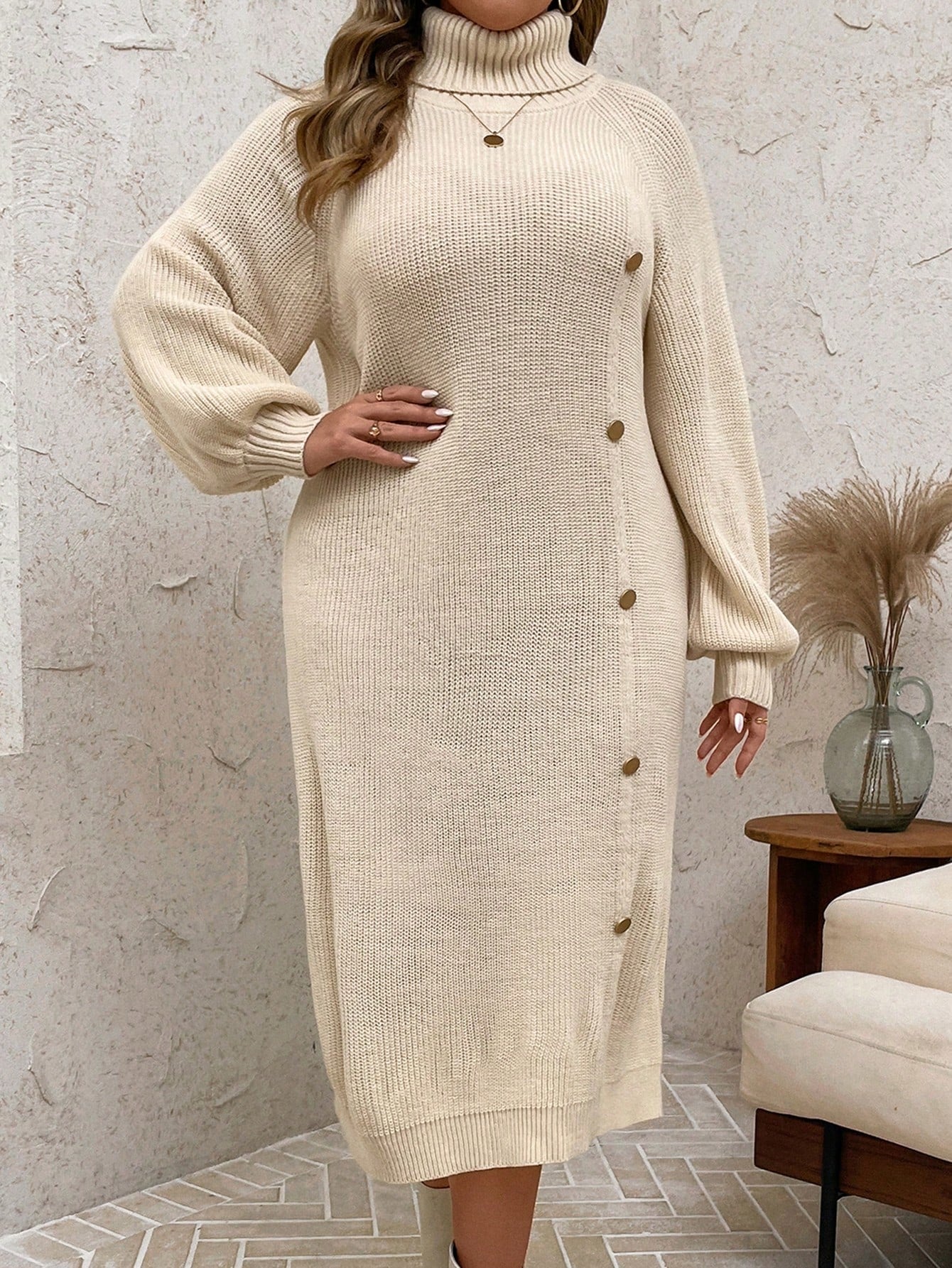 EMERY ROSE Plus Size Women Apricot White Casual Button Raglan Sleeve Loose Long Knitted Maxi Sweater Dress, For Winter