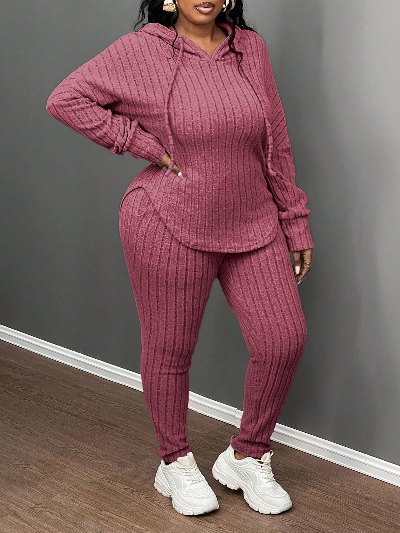 Plus Size Casual Olive Green Ribbed Knit Hoodie & Slim Fit Pants 2Pcs Set, Autumn/Winter