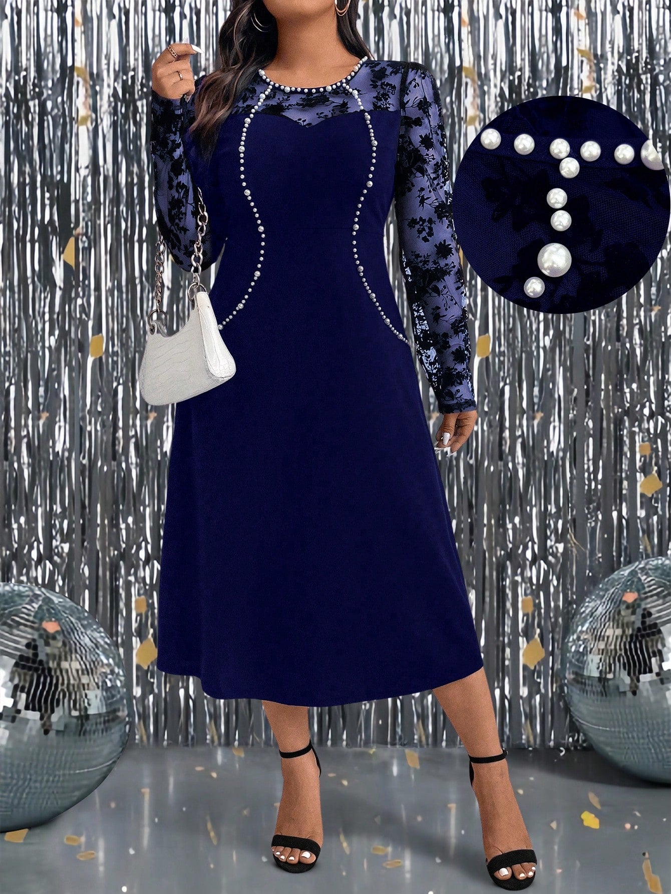 Plus Size Women Floral Print Mesh Panel Round Neck Long Sleeve Elegant Dress