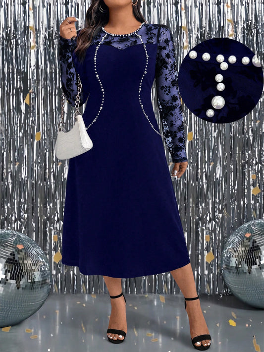 Plus Size Women Floral Print Mesh Panel Round Neck Long Sleeve Elegant Dress