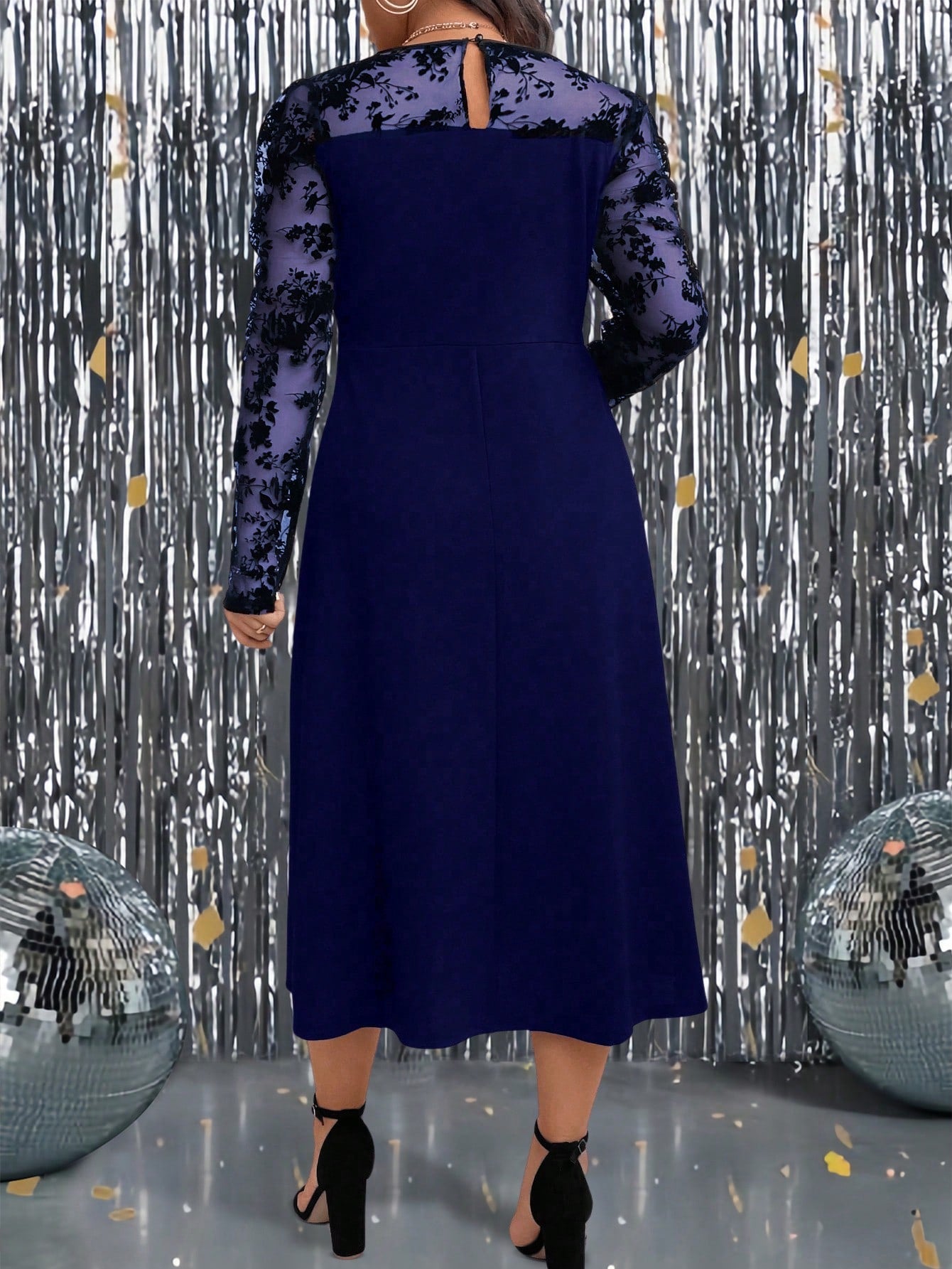 Plus Size Women Floral Print Mesh Panel Round Neck Long Sleeve Elegant Dress