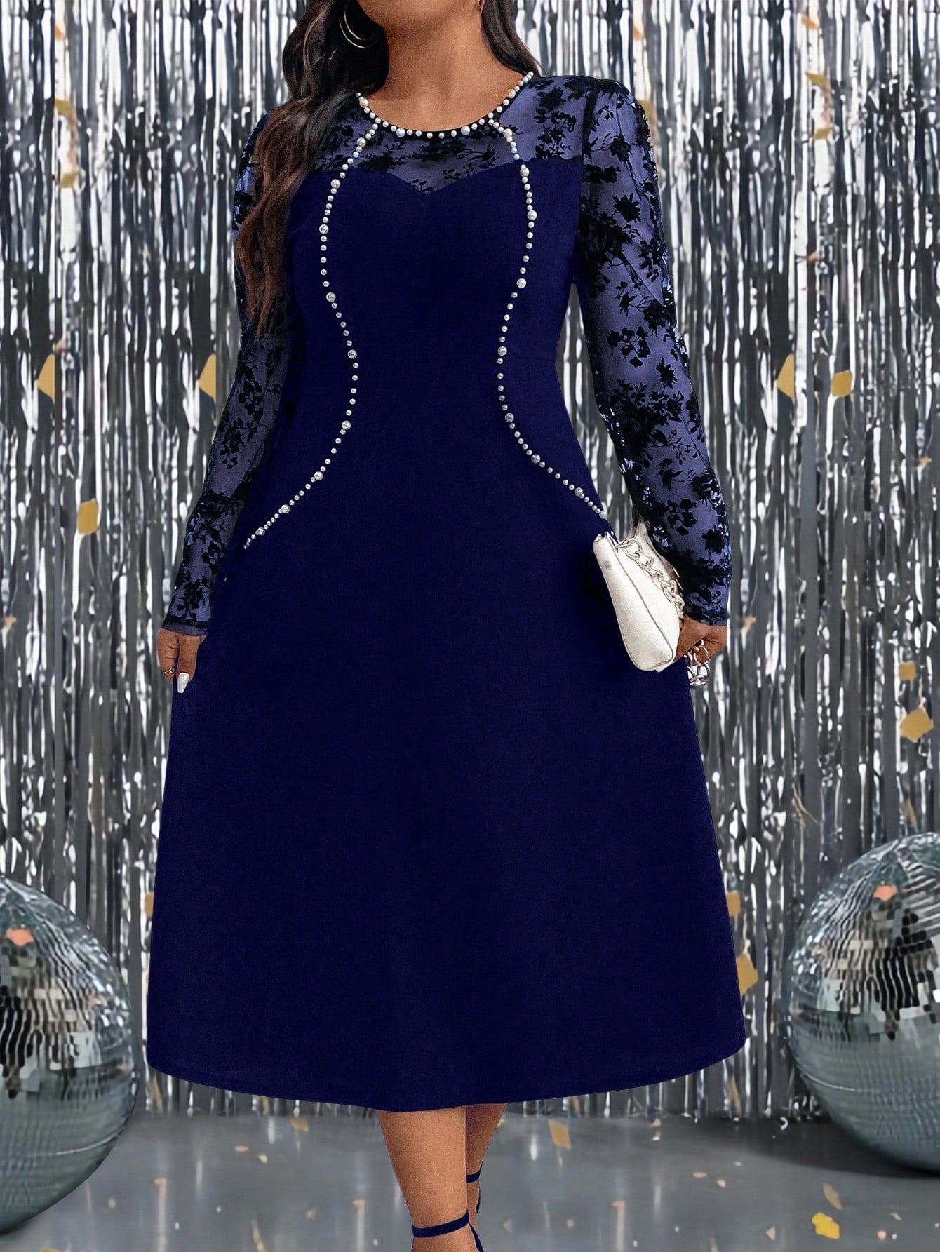 Plus Size Women Floral Print Mesh Panel Round Neck Long Sleeve Elegant Dress