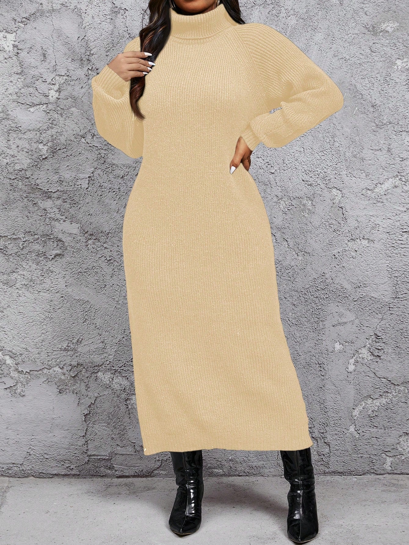 Plus Size Women Comfortable Casual Minimalist High Collar Loose Thicken Warm Sweater Dress, Can Be Layered Over Coat Or Worn Alone, Long Sleeve Knit, Winter