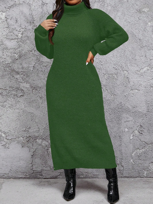 Plus Size Women Comfortable Casual Minimalist High Collar Loose Thicken Warm Sweater Dress, Can Be Layered Over Coat Or Worn Alone, Long Sleeve Knit, Winter