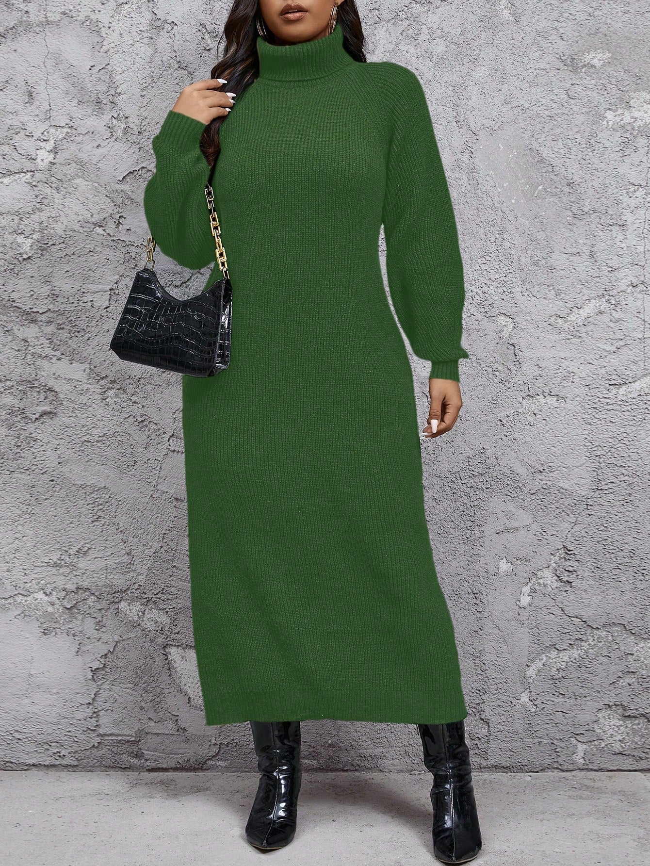 Plus Size Women Comfortable Casual Minimalist High Collar Loose Thicken Warm Sweater Dress, Can Be Layered Over Coat Or Worn Alone, Long Sleeve Knit, Winter