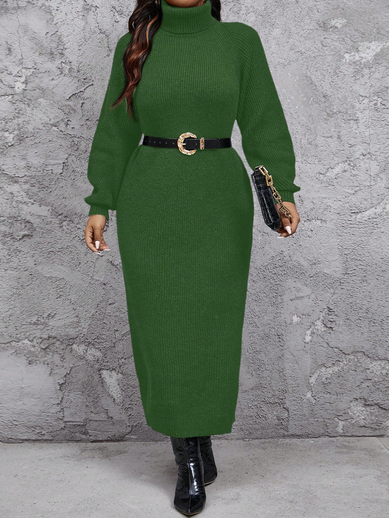 Plus Size Women Comfortable Casual Minimalist High Collar Loose Thicken Warm Sweater Dress, Can Be Layered Over Coat Or Worn Alone, Long Sleeve Knit, Winter