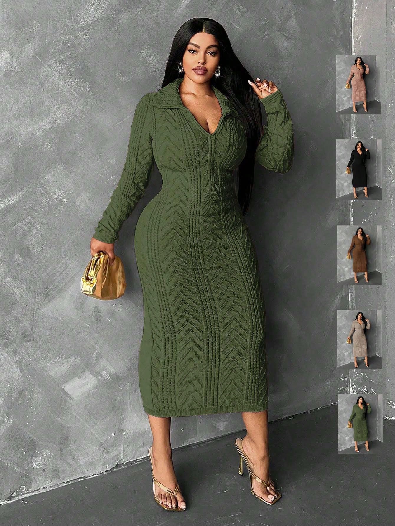 Slayr Plus Size Solid Color Turndown Collar Long Sleeve Casual Long Sweater Dress