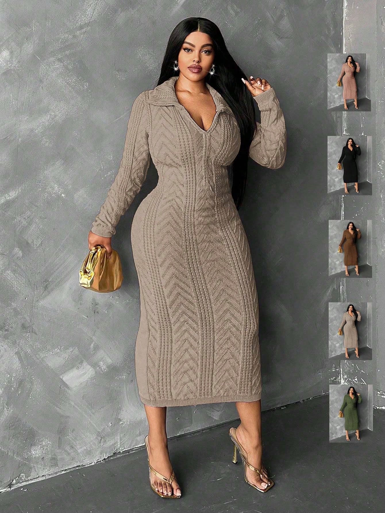 Slayr Plus Size Solid Color Turndown Collar Long Sleeve Casual Long Sweater Dress