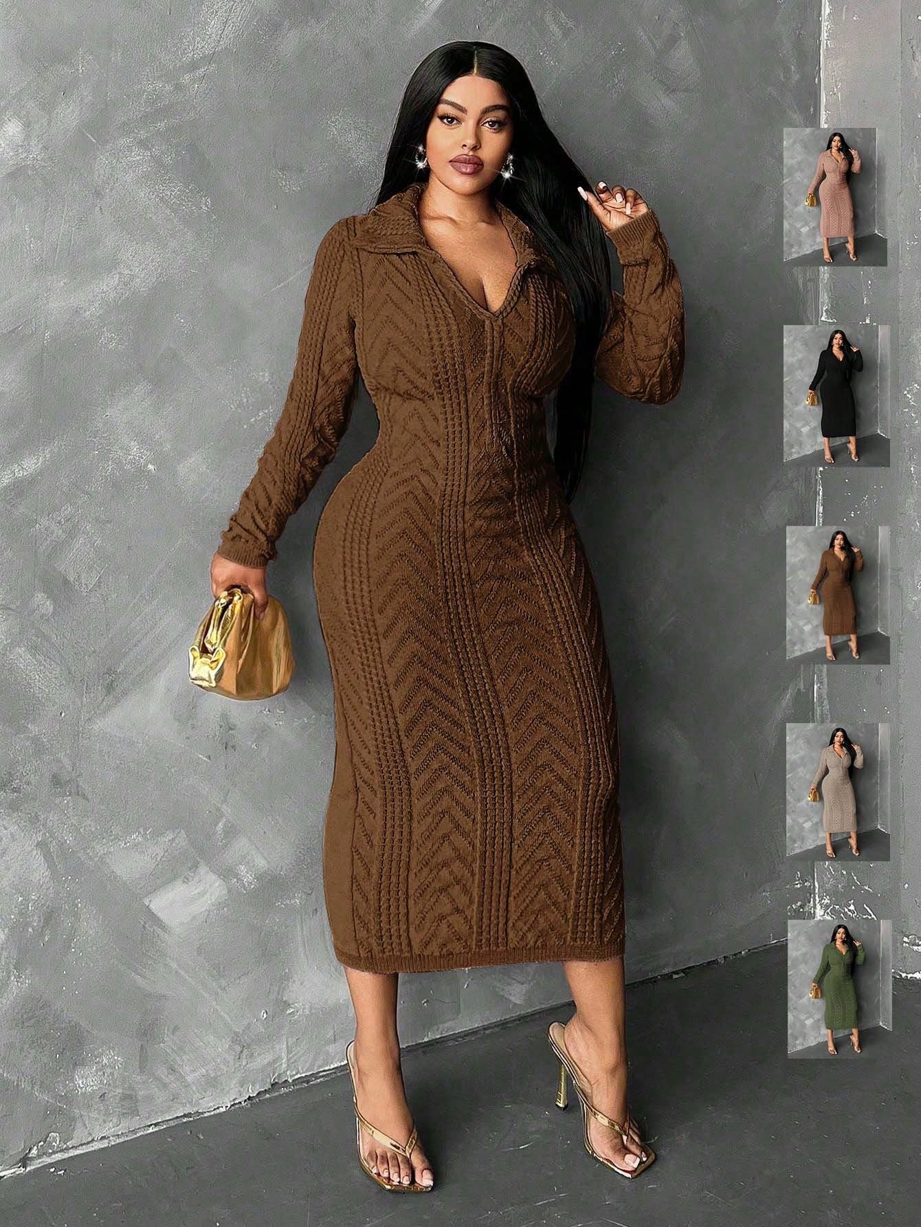 Slayr Plus Size Solid Color Turndown Collar Long Sleeve Casual Long Sweater Dress