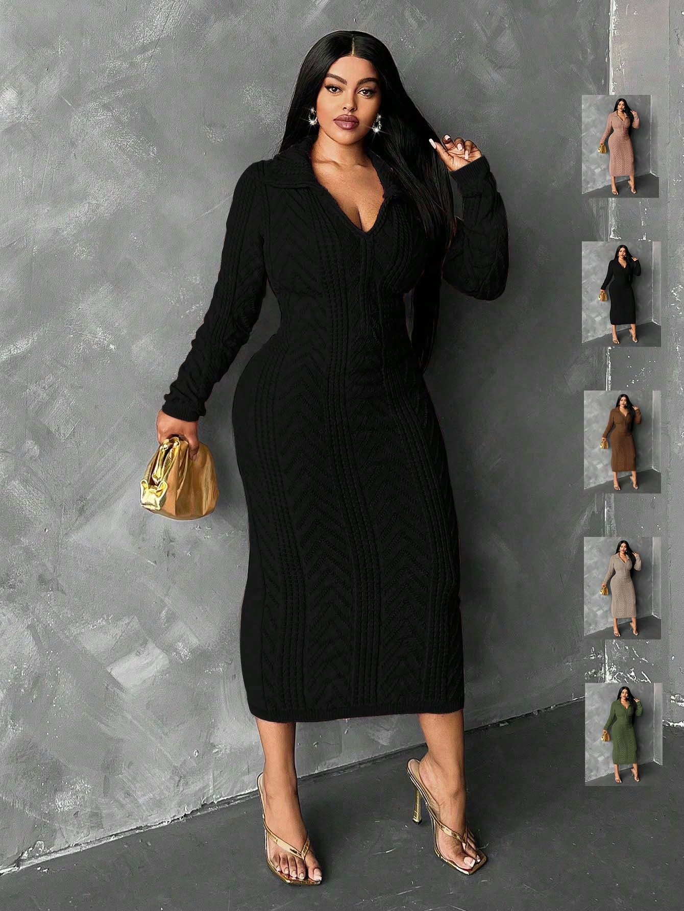 Slayr Plus Size Solid Color Turndown Collar Long Sleeve Casual Long Sweater Dress
