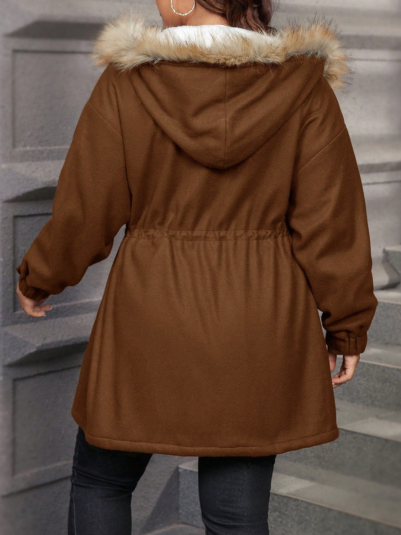 LUNE Plus Size Hooded Fuzzy Drawstring Long Sleeve Waisted Furry Collar Jacket Winter Clothes