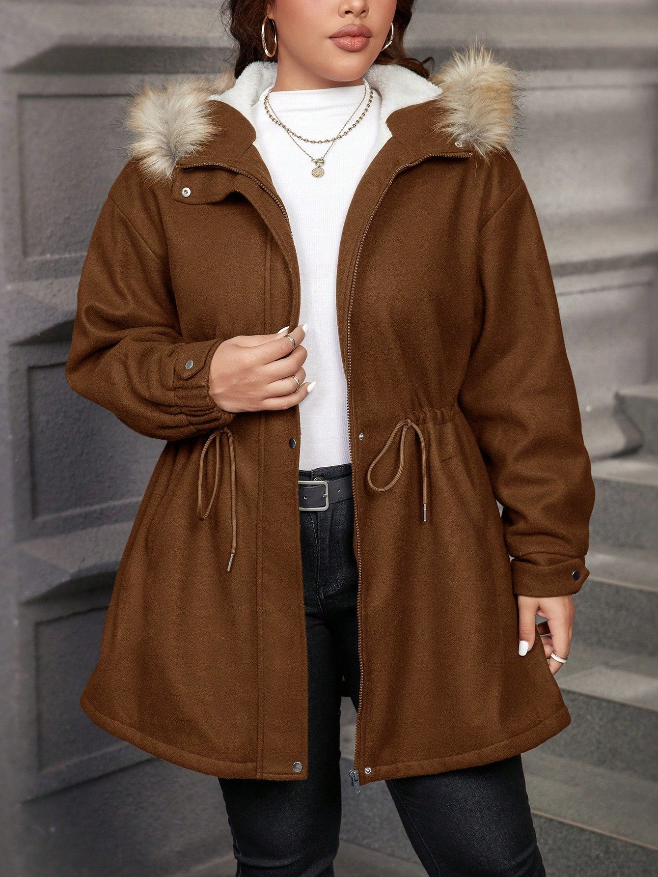 LUNE Plus Size Hooded Fuzzy Drawstring Long Sleeve Waisted Furry Collar Jacket Winter Clothes