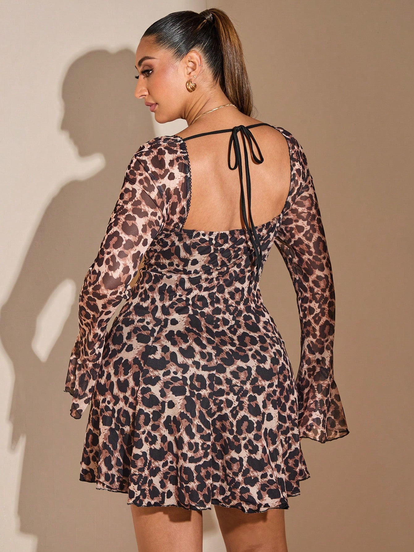 Plus Size Leopard Print Heart Neck Sexy Long Sleeve Dress Elegant Sweet Sexy Birthday Party Mini Dress Holiday Outfits