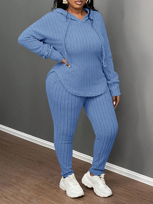 Plus Size Casual Olive Green Ribbed Knit Hoodie & Slim Fit Pants 2Pcs Set, Autumn/Winter