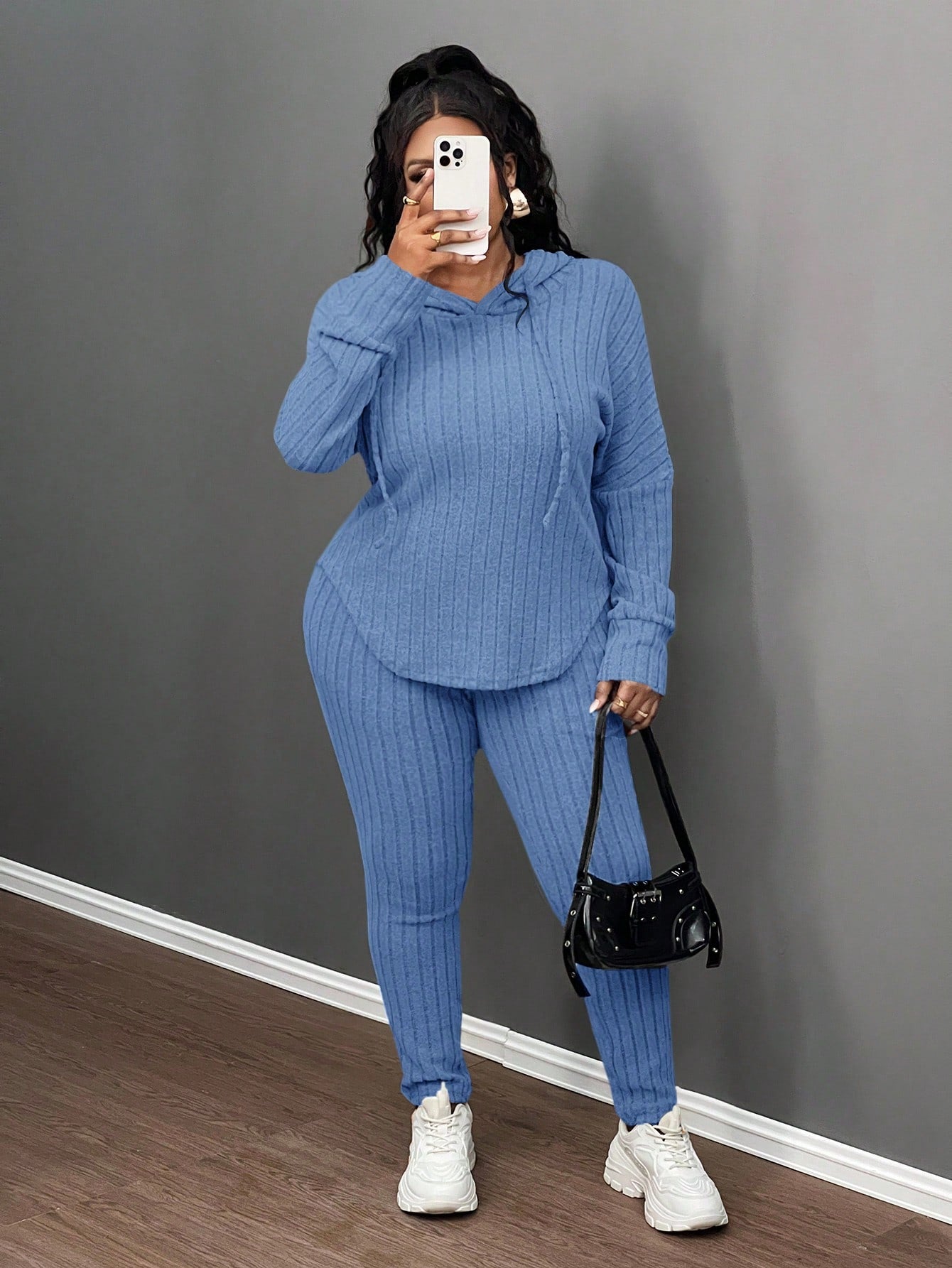 Plus Size Casual Olive Green Ribbed Knit Hoodie & Slim Fit Pants 2Pcs Set, Autumn/Winter