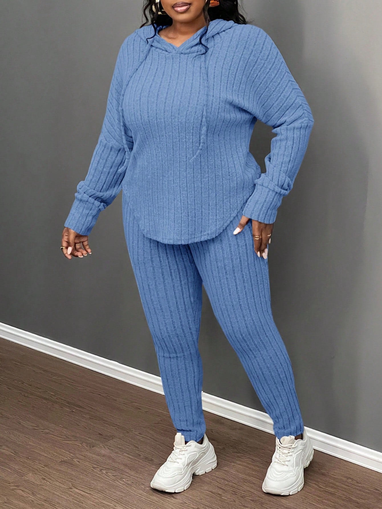 Plus Size Casual Olive Green Ribbed Knit Hoodie & Slim Fit Pants 2Pcs Set, Autumn/Winter
