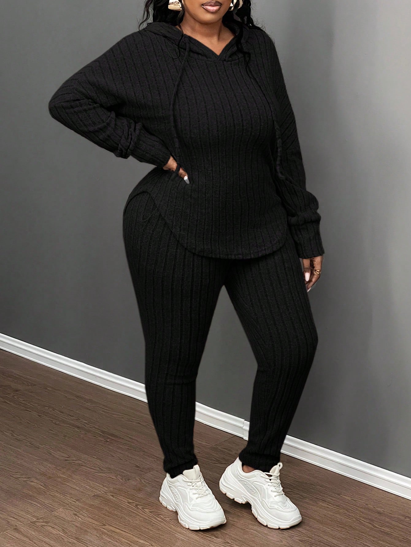 Plus Size Casual Olive Green Ribbed Knit Hoodie & Slim Fit Pants 2Pcs Set, Autumn/Winter