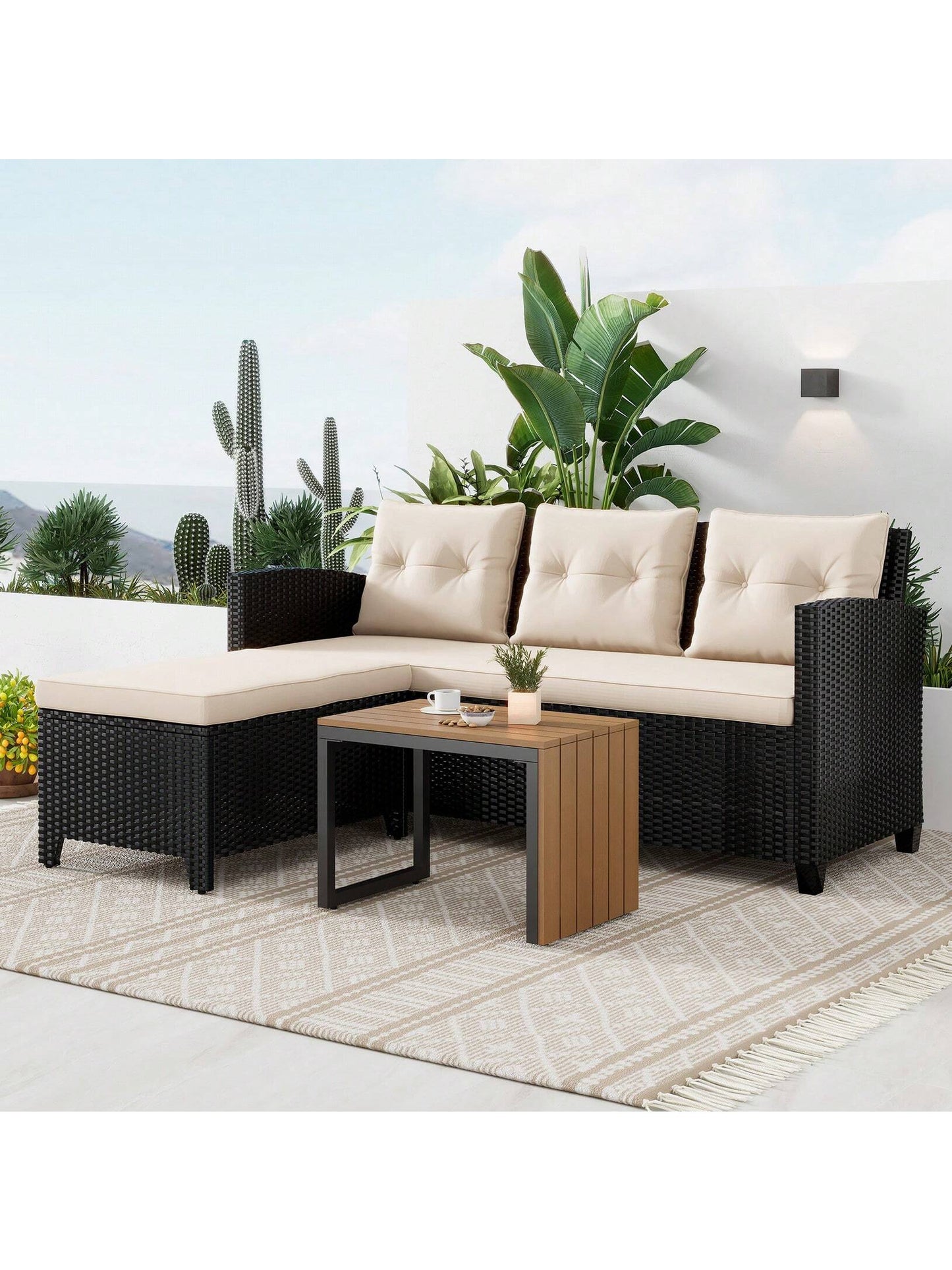 Patio Furniture Sectional Sofa Set – 3 Piece All Weather Black Resin Wicker Outdoor Conversation Set Beige Washable Cushions & Coffee Table | Garden | Backyard | Pool