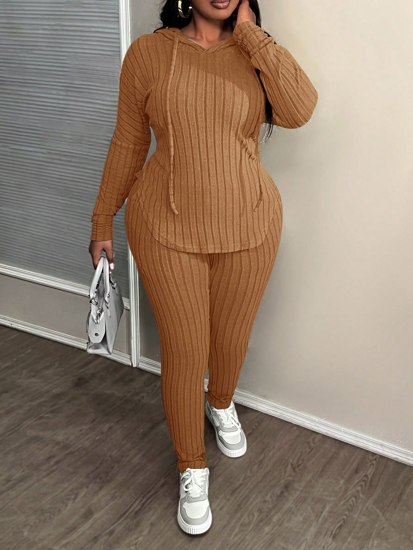 Plus Size Casual Olive Green Ribbed Knit Hoodie & Slim Fit Pants 2Pcs Set, Autumn/Winter