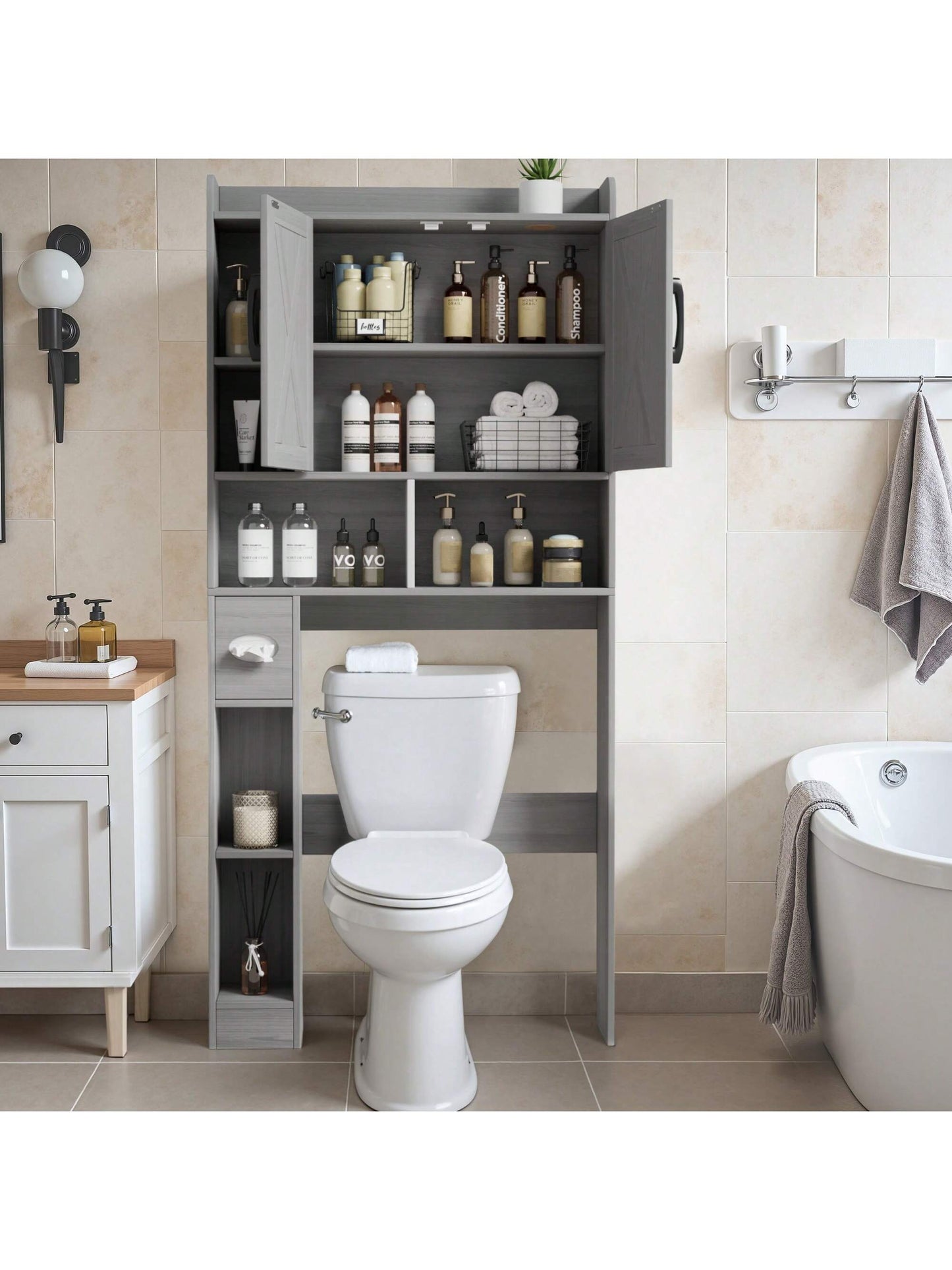 Above The Bathroom Lockers In The Toilet, There Are 2 Doors And 6 Storage Racks With Paper Towel Storage For The Bathroom Laundry