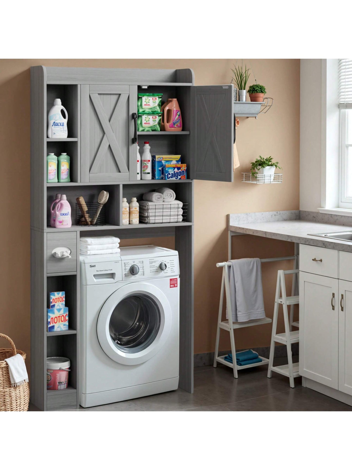Above The Bathroom Lockers In The Toilet, There Are 2 Doors And 6 Storage Racks With Paper Towel Storage For The Bathroom Laundry