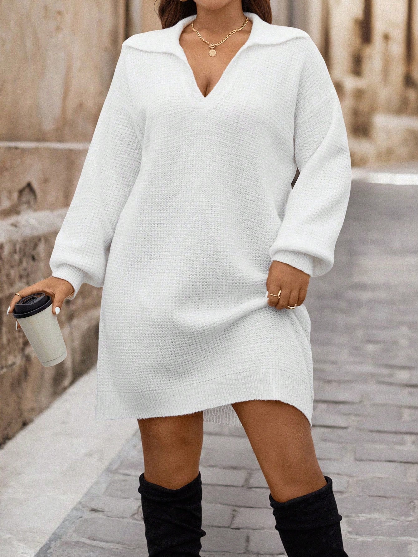 Clasi Plus Size Women Black Notched Collar Long Lantern Sleeve Loose Elegant Commuting Work Sweater Dress, Fall Women Clothing, For Winter