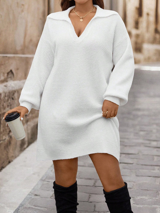 Clasi Plus Size Women Black Notched Collar Long Lantern Sleeve Loose Elegant Commuting Work Sweater Dress, Fall Women Clothing, For Winter