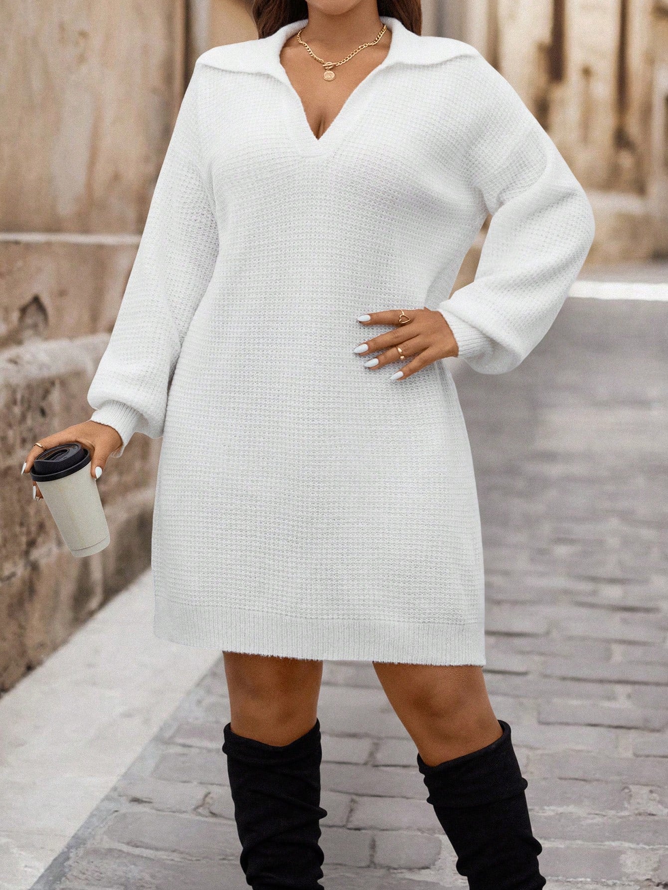 Clasi Plus Size Women Black Notched Collar Long Lantern Sleeve Loose Elegant Commuting Work Sweater Dress, Fall Women Clothing, For Winter