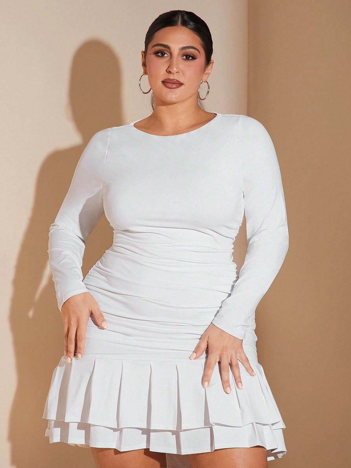 BAE Plus Size Solid White Slim Fit Mini Double Layer Pleated Women's Long Sleeve Dress Suitable For Autumn And Winter,Christmas, Thanksgiving, Party, New Year, Elegant, Sexy, Y2k. Cocktail Dress, Bell Sleeves, Cake Skirt, Ruffles, Gathered, Mini, White,