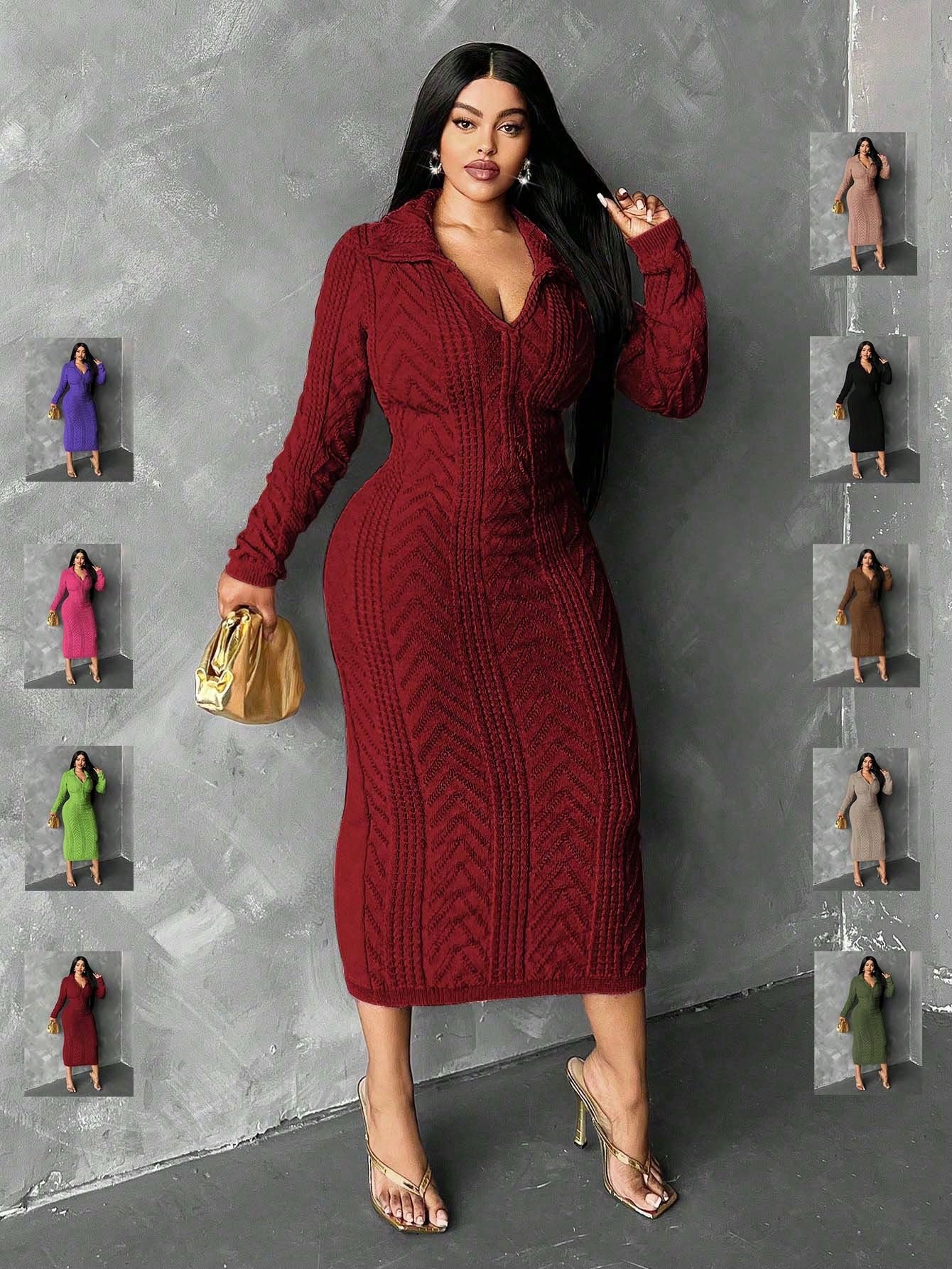Slayr Plus Size Solid Color Turndown Collar Long Sleeve Casual Long Sweater Dress