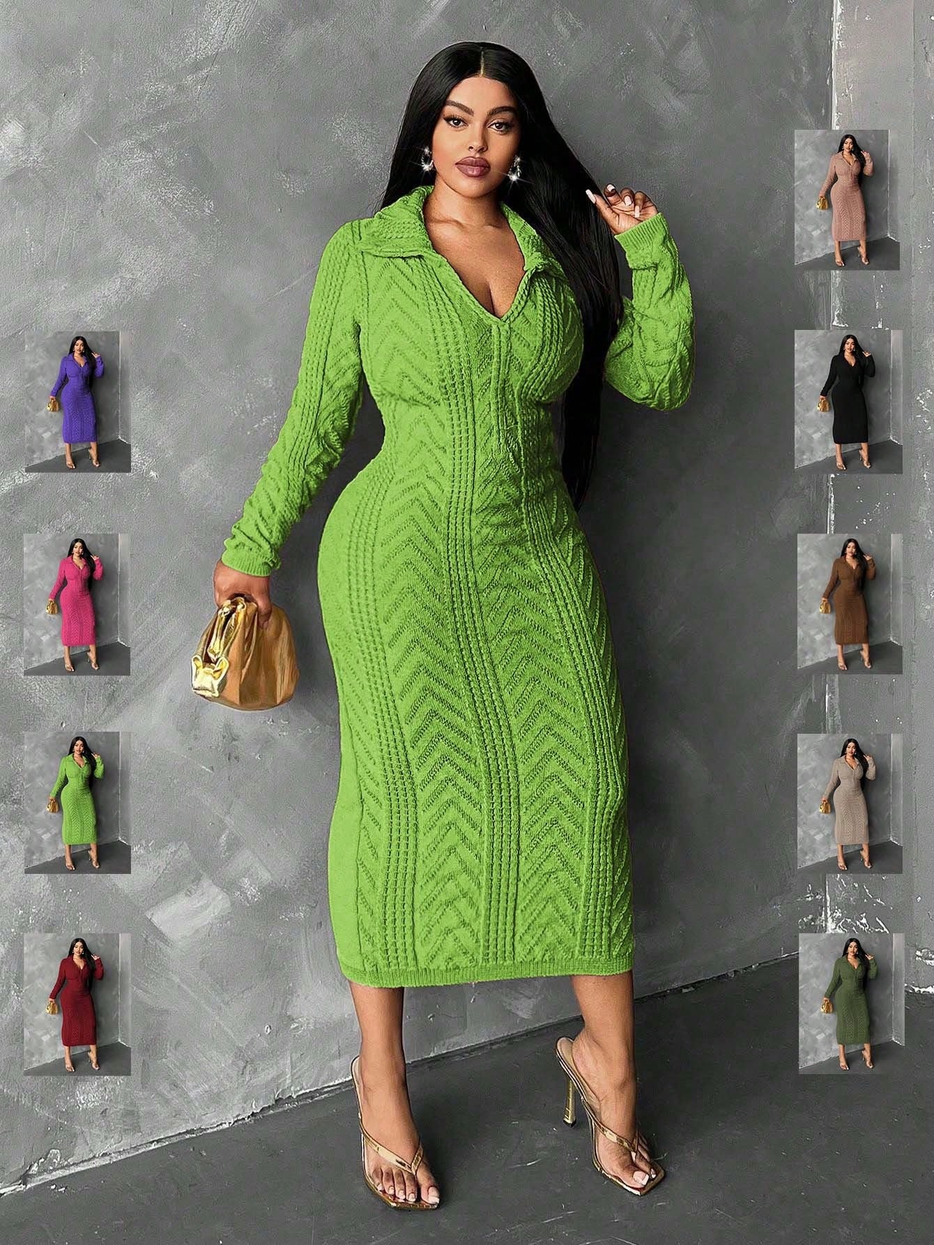 Slayr Plus Size Solid Color Turndown Collar Long Sleeve Casual Long Sweater Dress