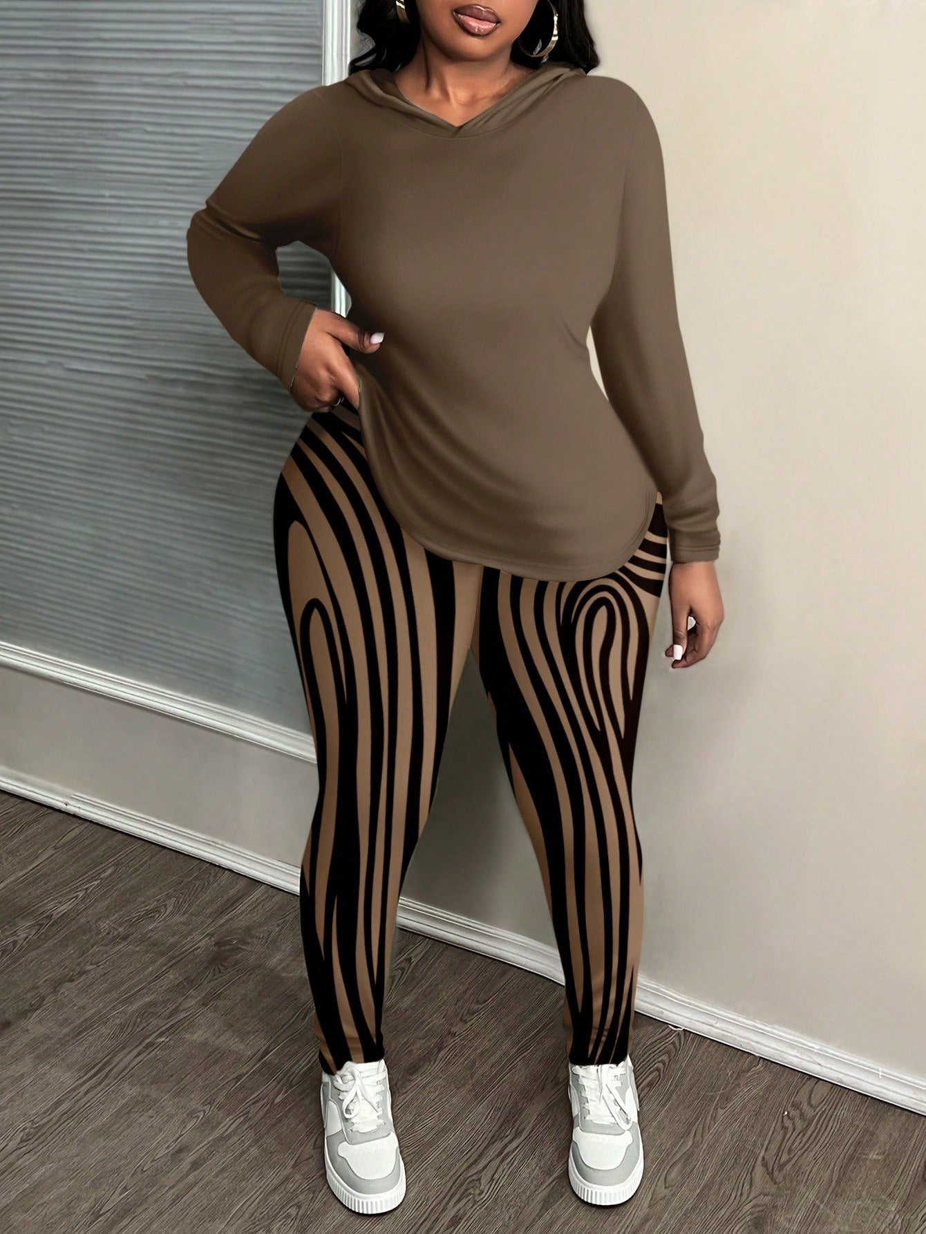 Plus Size Casual Olive Green Ribbed Knit Hoodie & Slim Fit Pants 2Pcs Set, Autumn/Winter
