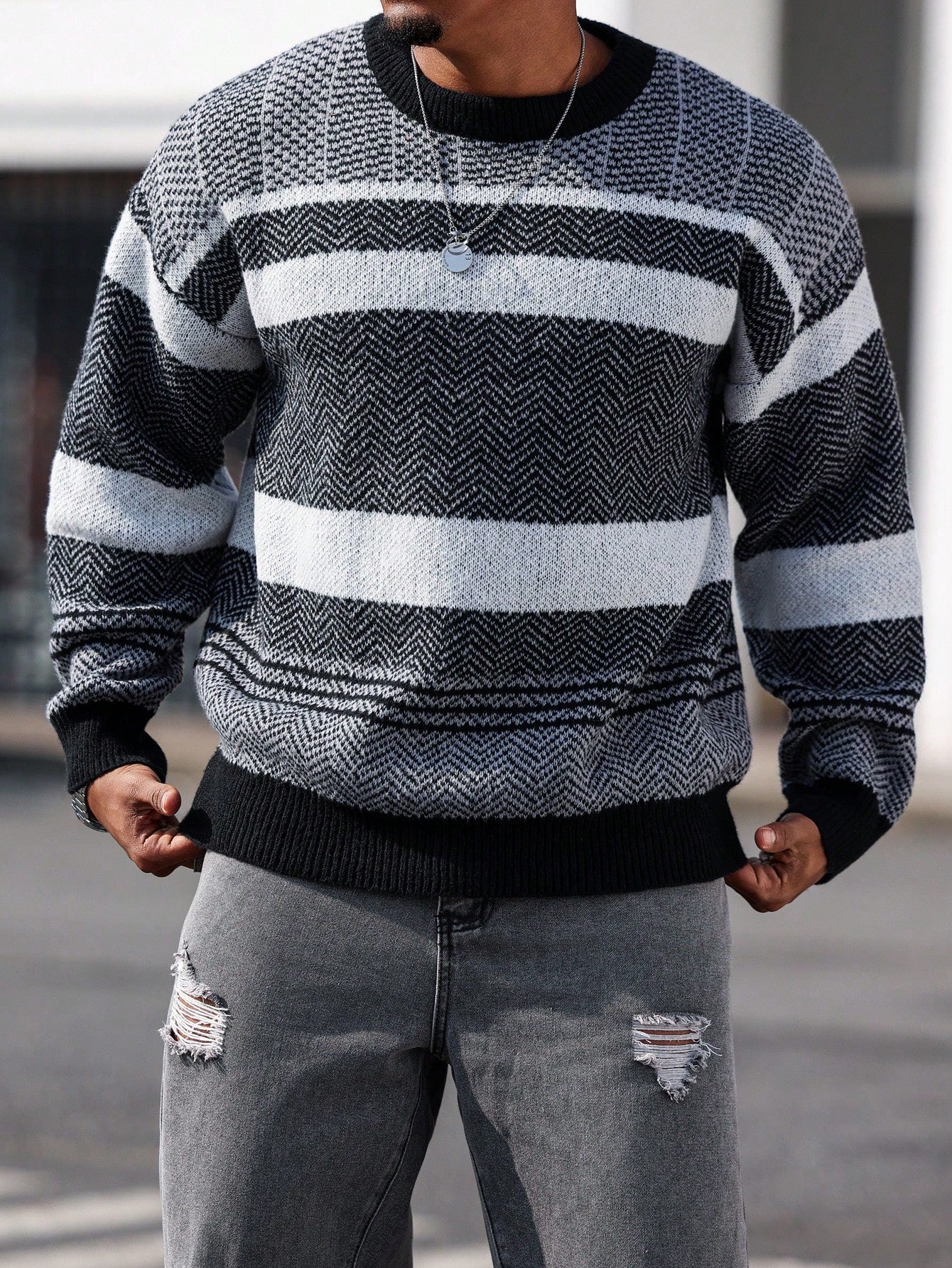 Manfinity Homme Plus Size Men's Stripe Pattern Crew Neck Long Sleeve Casual Loose Knit Sweater, Autumn/Winter