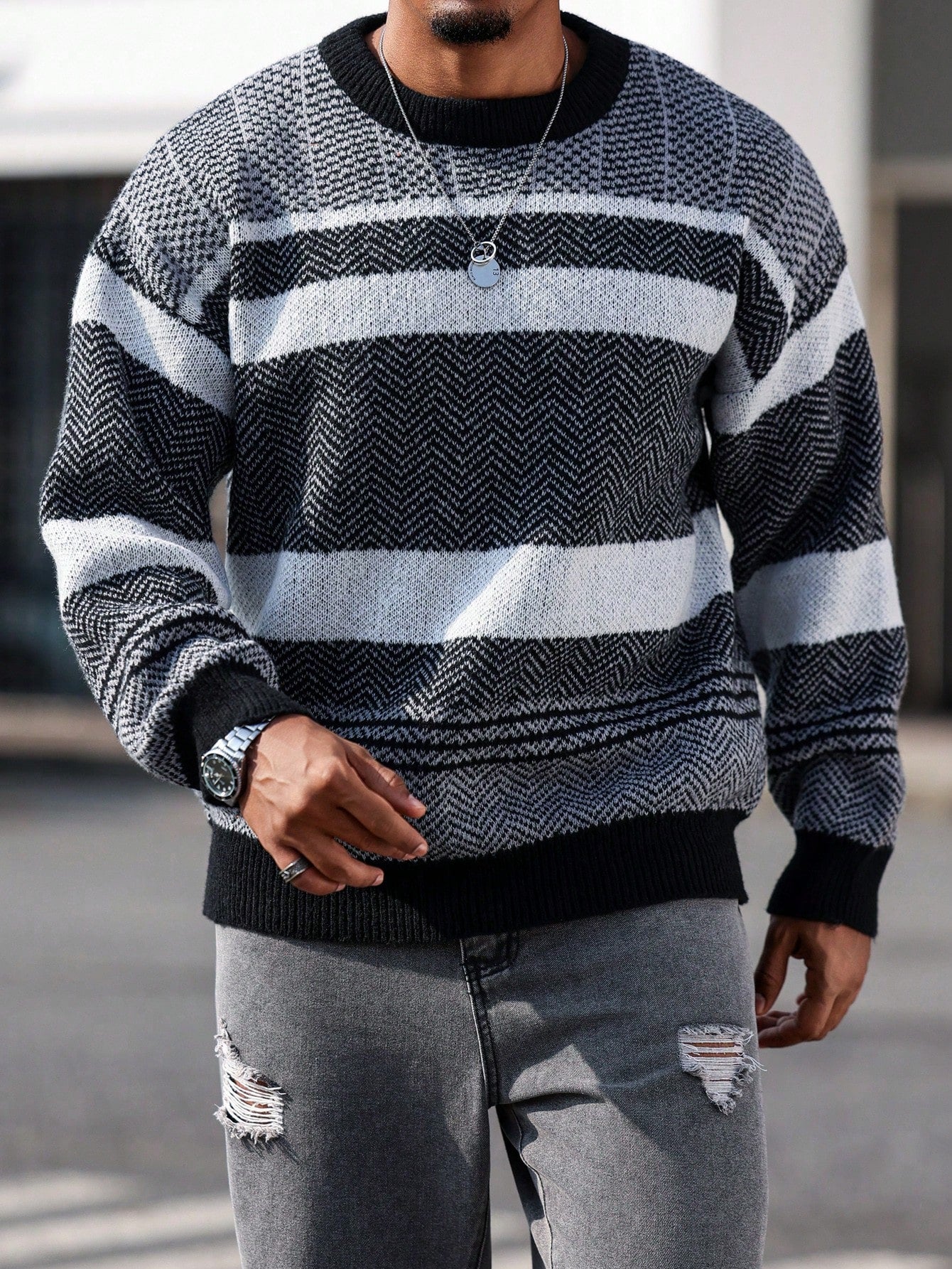 Manfinity Homme Plus Size Men's Stripe Pattern Crew Neck Long Sleeve Casual Loose Knit Sweater, Autumn/Winter