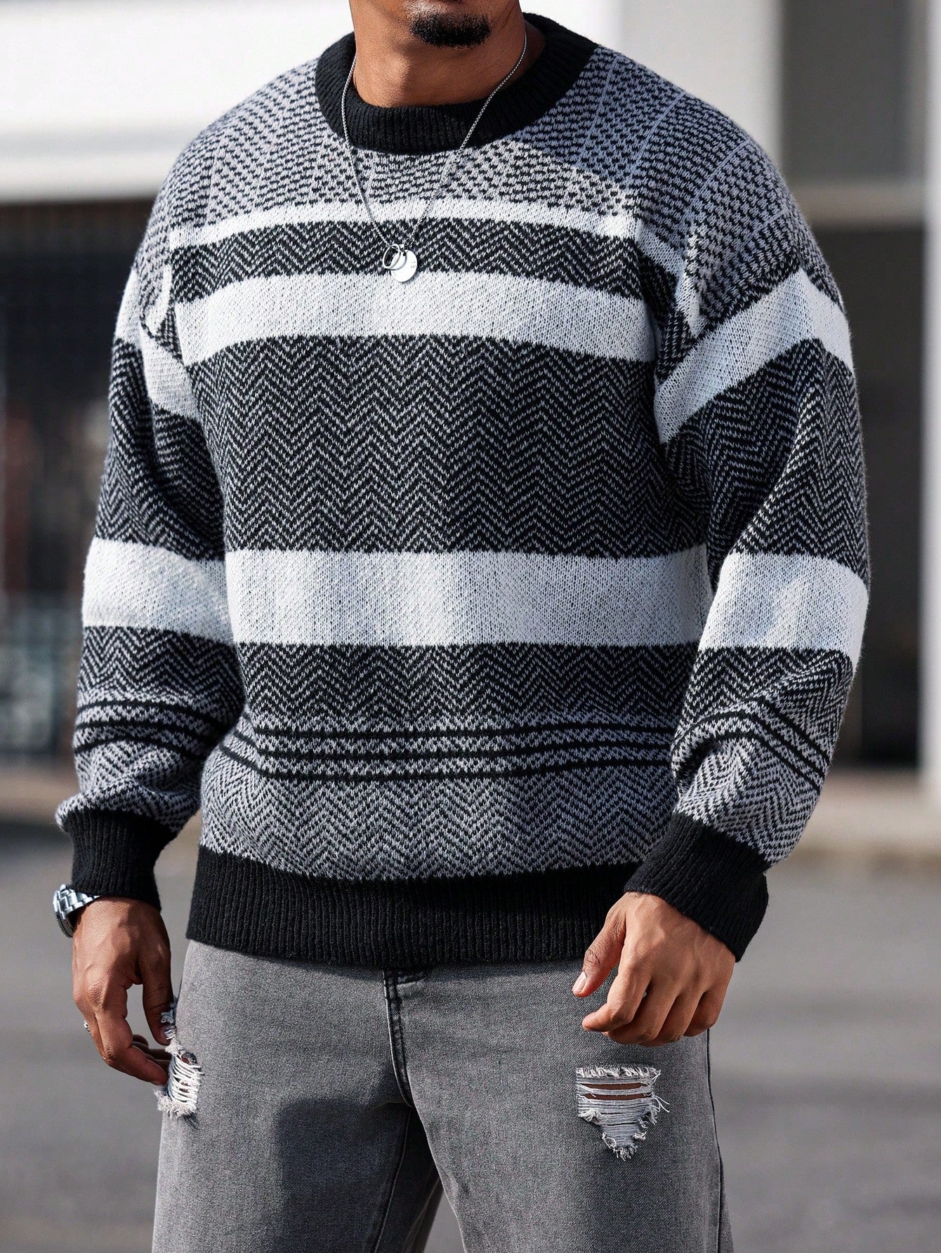 Manfinity Homme Plus Size Men's Stripe Pattern Crew Neck Long Sleeve Casual Loose Knit Sweater, Autumn/Winter