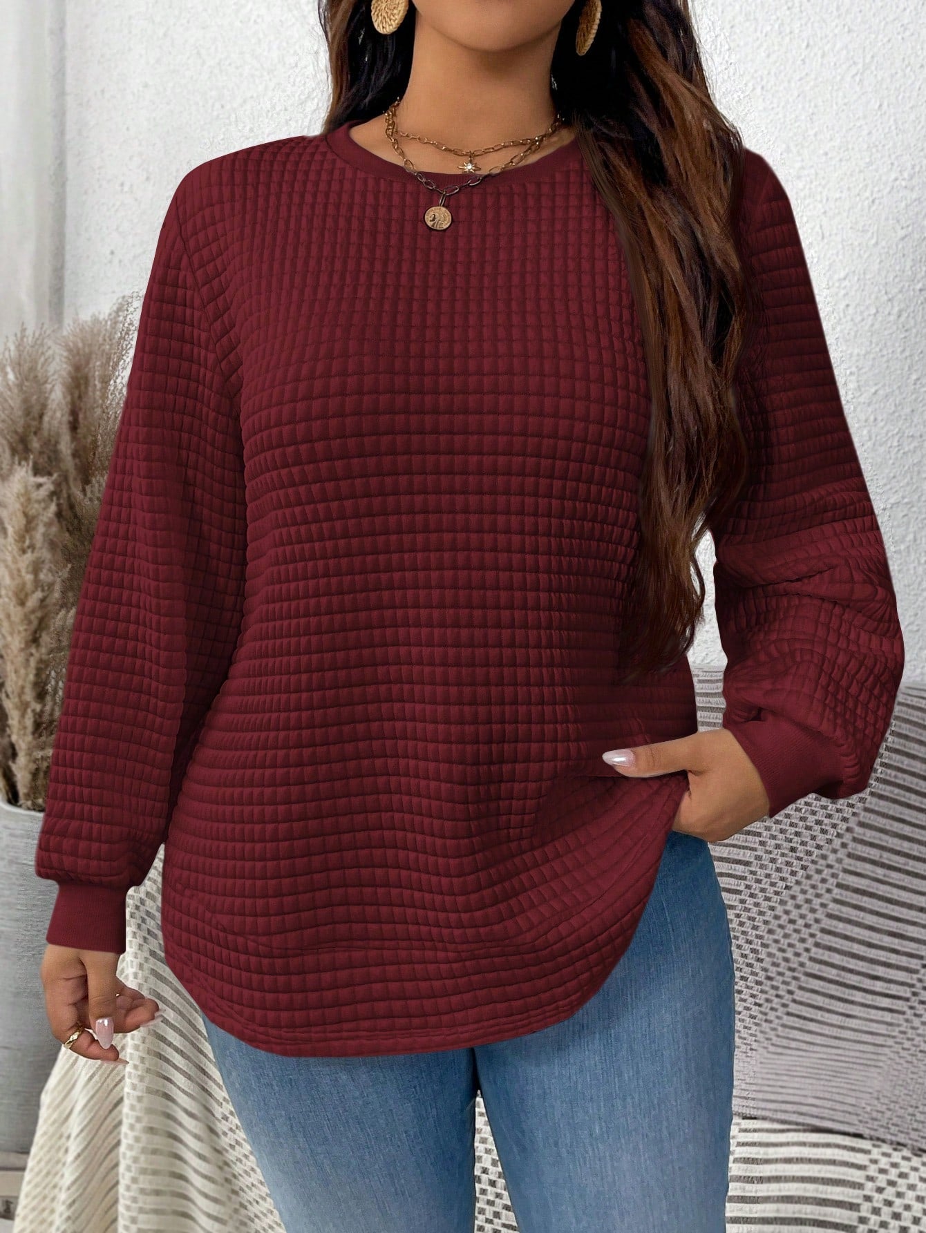 Plus Size Solid Color Round Neck Long Sleeve Simple Casual Top, Everyday Wear