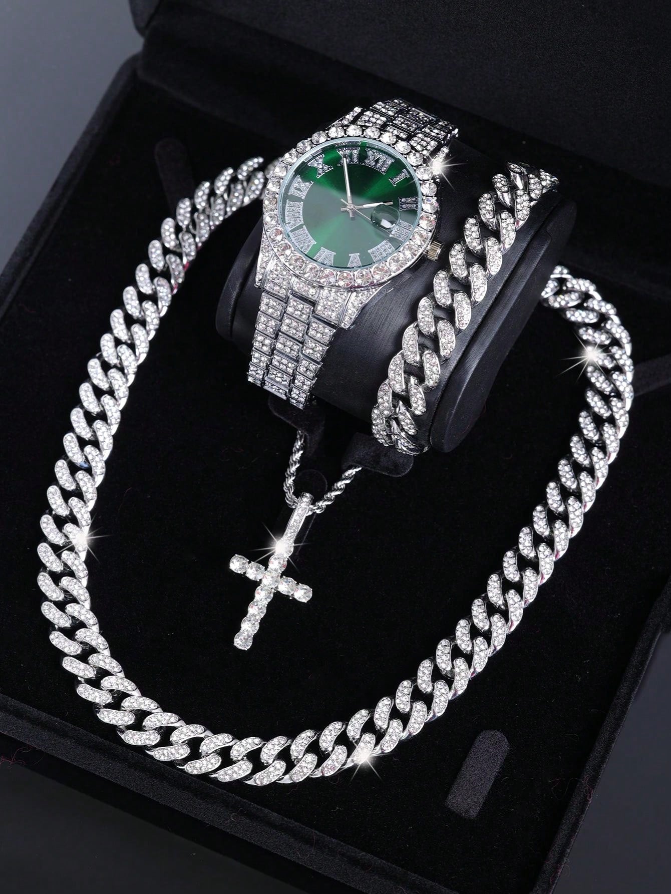 CVNANA 4pcs/Set Men's Watch And Hip Hop Cuban Chain Necklace Bracelet Set