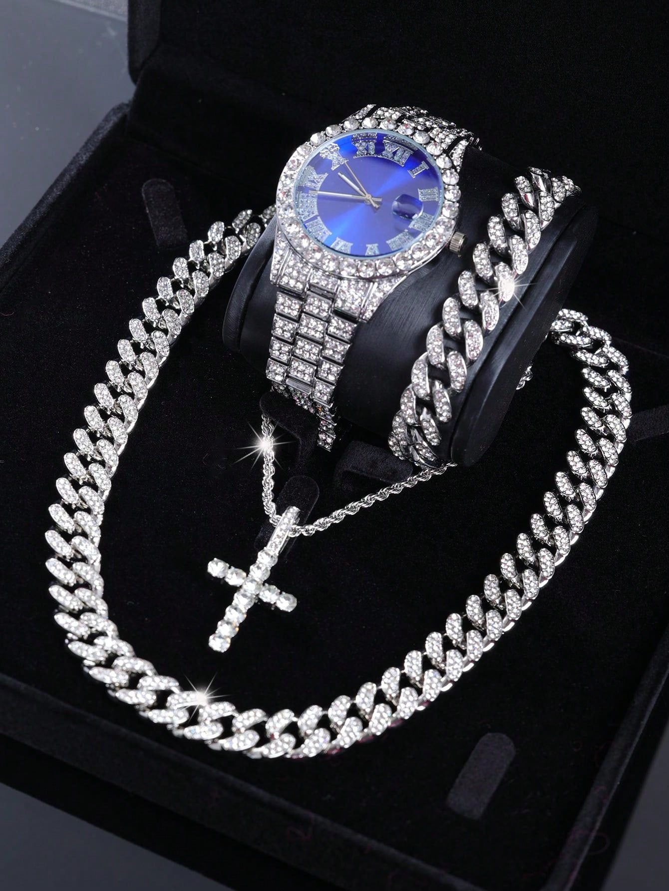 CVNANA 4pcs/Set Men's Watch And Hip Hop Cuban Chain Necklace Bracelet Set