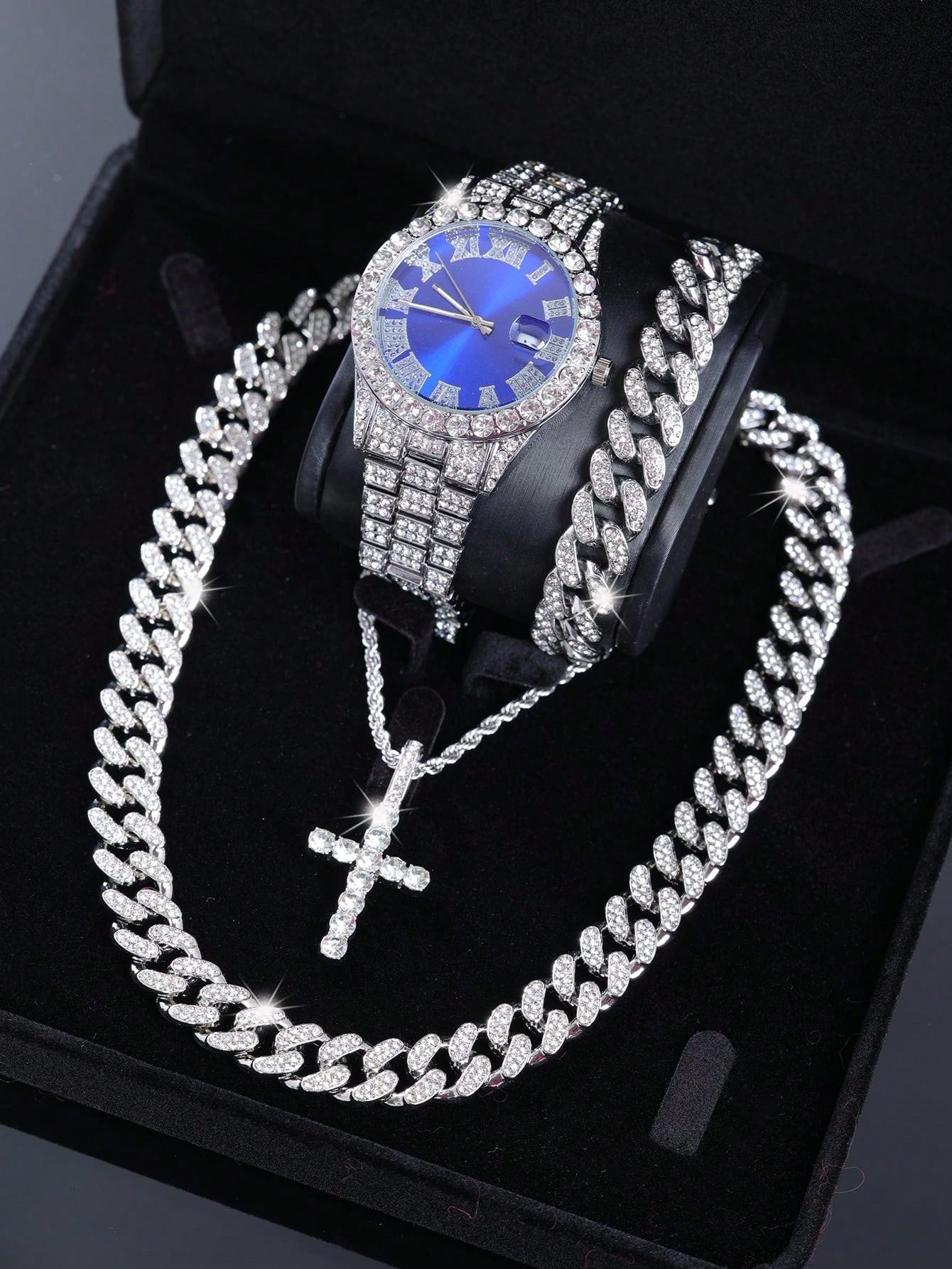 CVNANA 4pcs/Set Men's Watch And Hip Hop Cuban Chain Necklace Bracelet Set
